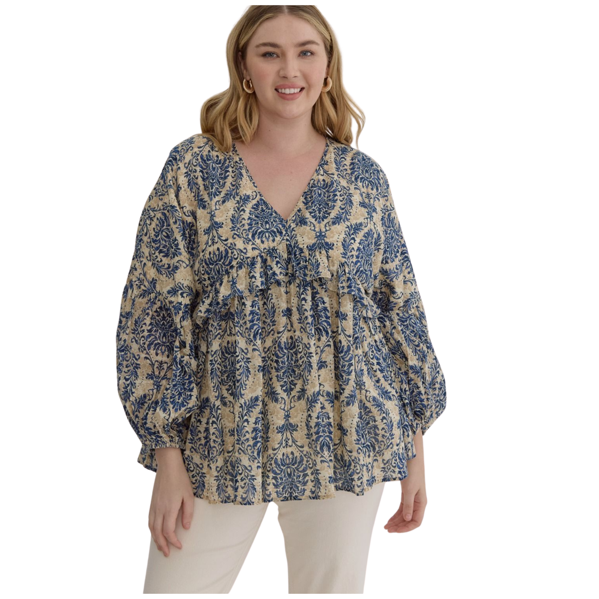This printed babydoll top offers a lightweight, woven fabric that is fully lined for opacity and comfort. Designed with long sleeves featuring elastic cuffs, it provides a secure yet flexible fit. The delicate ruffle detail adds a refined touch, making it an elegant choice for both casual and polished looks.