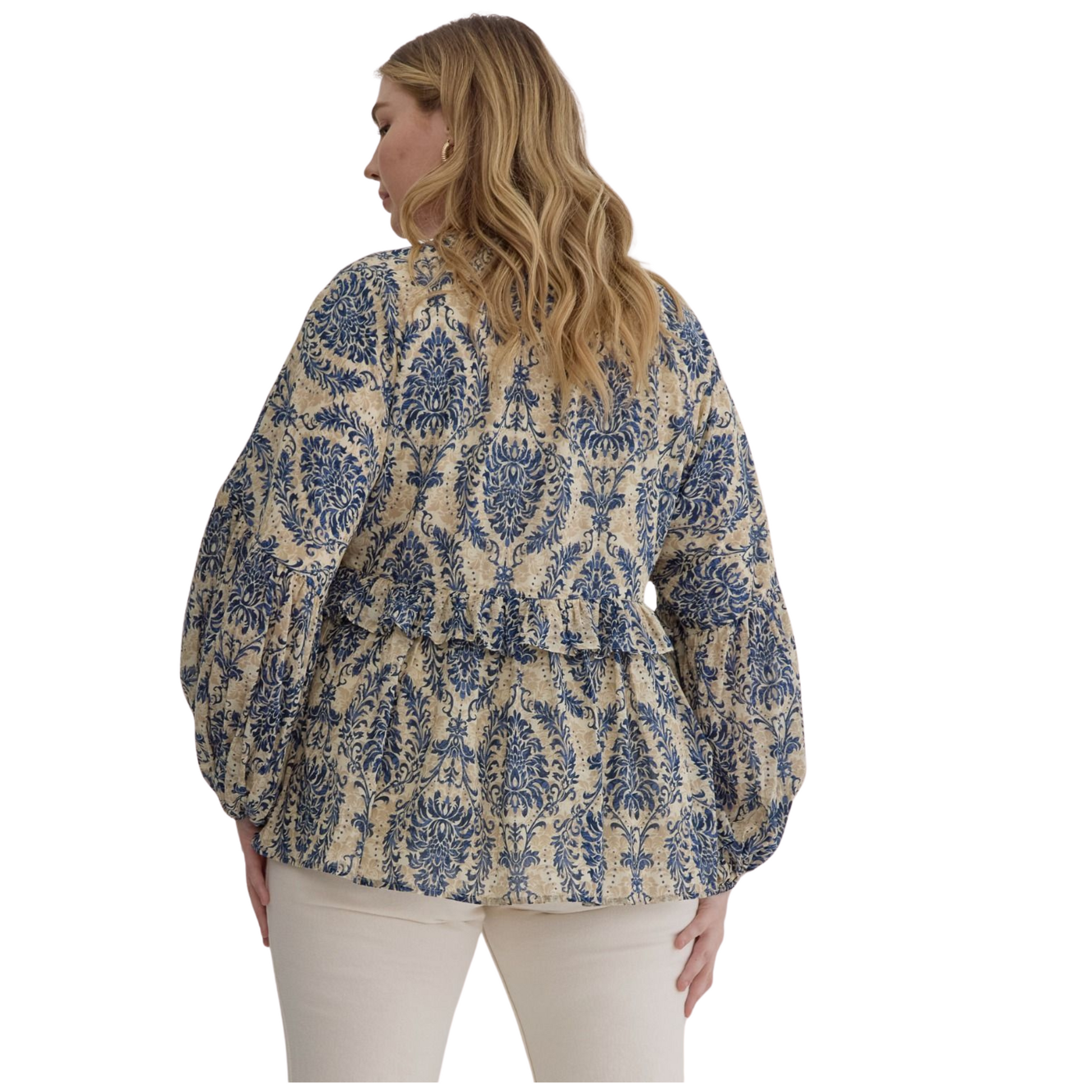 This printed babydoll top offers a lightweight, woven fabric that is fully lined for opacity and comfort. Designed with long sleeves featuring elastic cuffs, it provides a secure yet flexible fit. The delicate ruffle detail adds a refined touch, making it an elegant choice for both casual and polished looks.