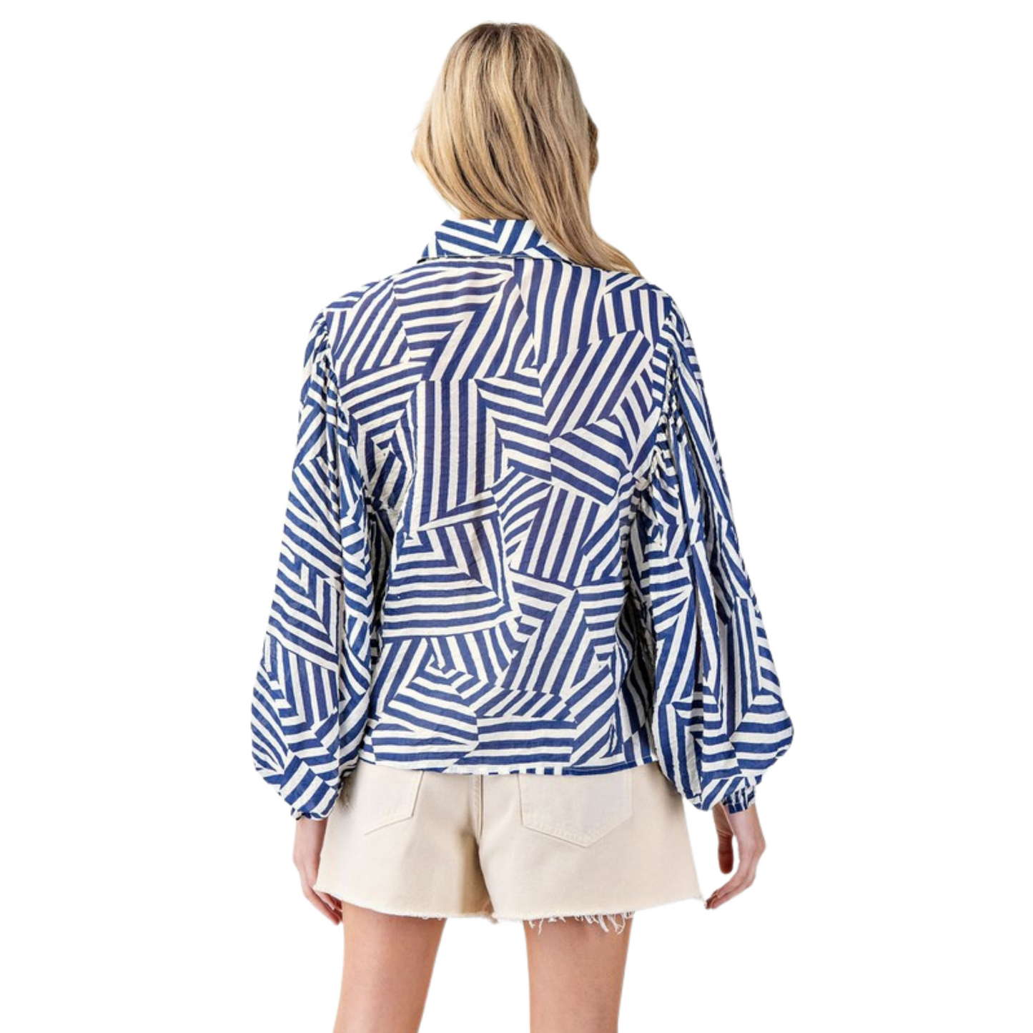This navy button-up top features an abstract print and stylish bubble sleeves that add volume and character. Designed with long sleeves, it offers a refined yet contemporary look perfect for elevating your everyday wardrobe with a sophisticated edge.