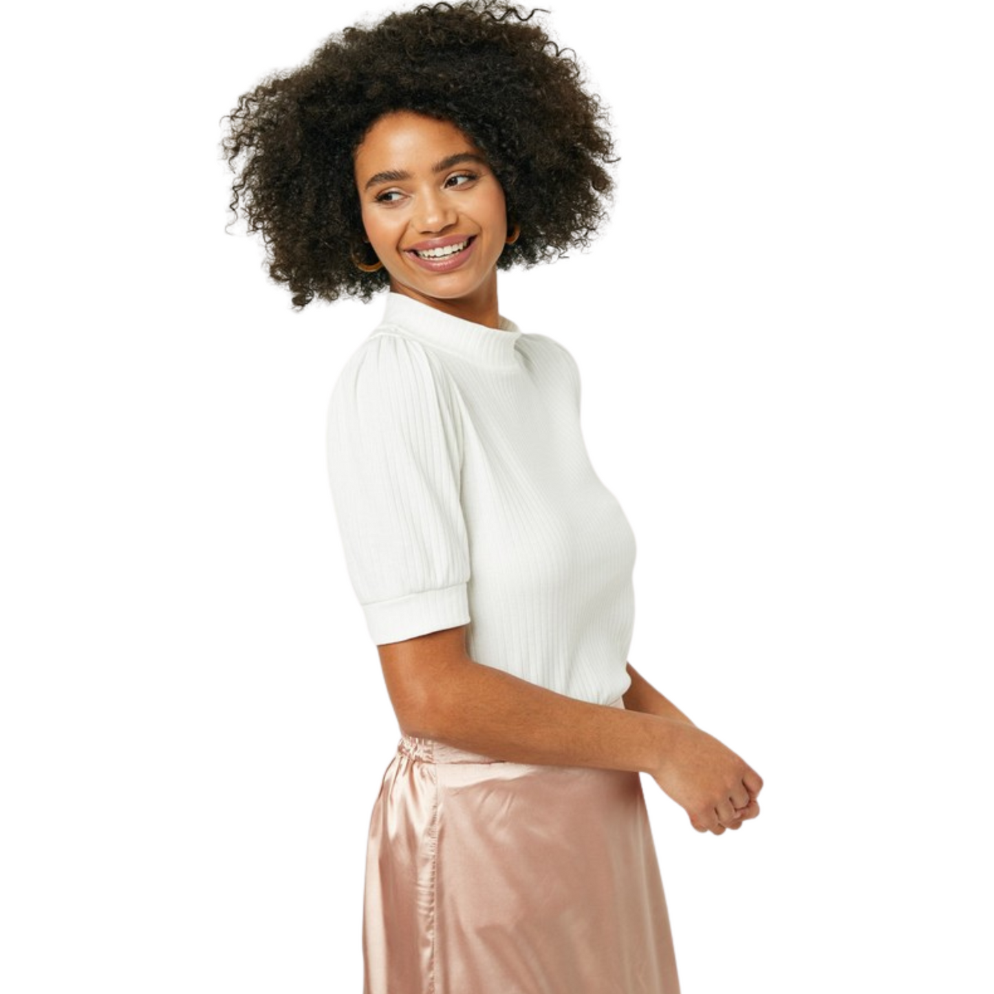 This Textured Puff Sleeve Top is crafted from a ribbed knit fabric, making it comfortable to wear. The high banded neckline and pull-on silhouette make it easy to style with any outfit. The off-white coloring is perfect for creating a soft and feminine look.