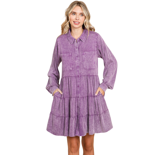 Our Washed Babydoll Dress combines timeless style with modern construction. Our collared neck, chest pockets, and long shirt sleeves provide classic style. A tiered layer features wrinkle for the perfect fit, while remaining unlined, non-sheer, and lightweight. Available in plus size and in purple, this dress is perfect for all occasions.