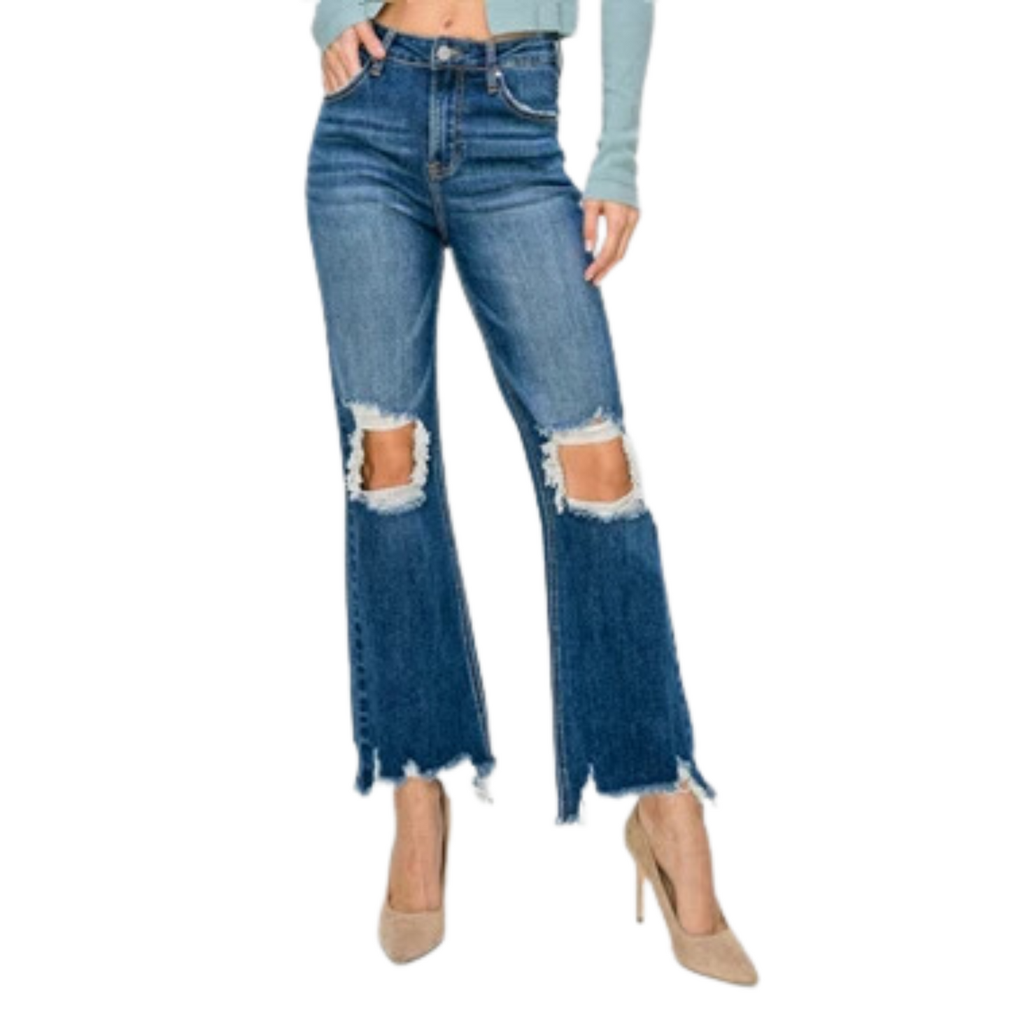 Upgrade your jeans game with our High Rise Crop Distressed Straight. Made from dark denim, these jeans offer both comfort and style with their stretchy, high-rise fit. The distressed design adds a touch of edginess to your look. Elevate your wardrobe with this versatile and on-trend piece. 