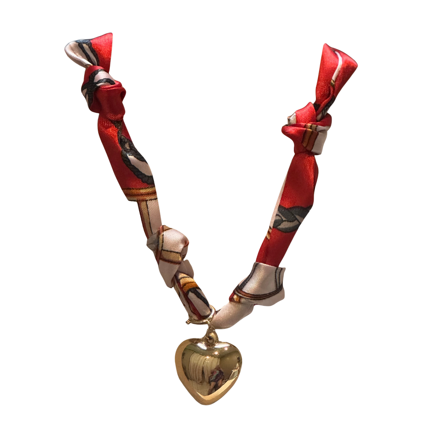 Red scarf necklace with gold heart pendant