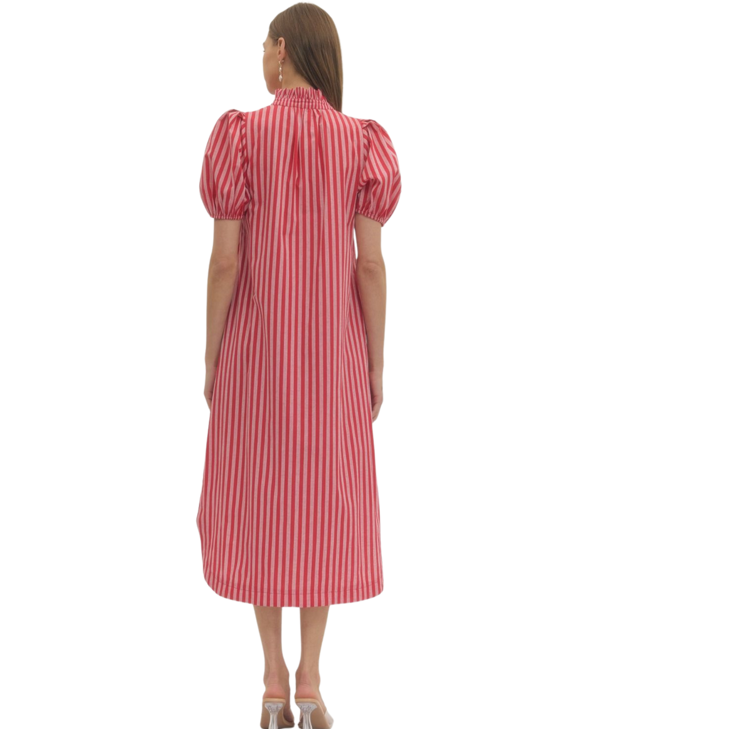 Elevate your wardrobe with this stunning Entro puff sleeve midi dress. The classic red and white striped pattern brings timeless charm, while the flattering puff sleeves add a touch of feminine elegance. The button-up front allows for easy styling versatility, and the midi length offers a sophisticated silhouette perfect for any occasion. Whether you're dressing up for brunch or a casual day out, this dress combines comfort with contemporary style.