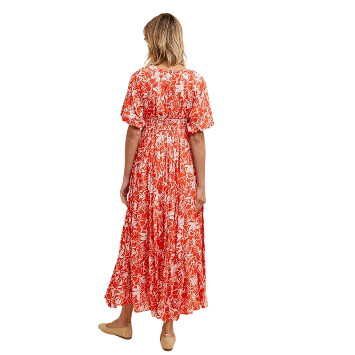 Experience the perfect blend of style and comfort with our Resort Print Maxi Dress by In-Loom. Featuring a beautiful floral print and a vibrant coral red color, this maxi dress will surely make you stand out. With its trendy puff sleeves and elegant design, you'll feel confident and effortlessly chic wherever you go.