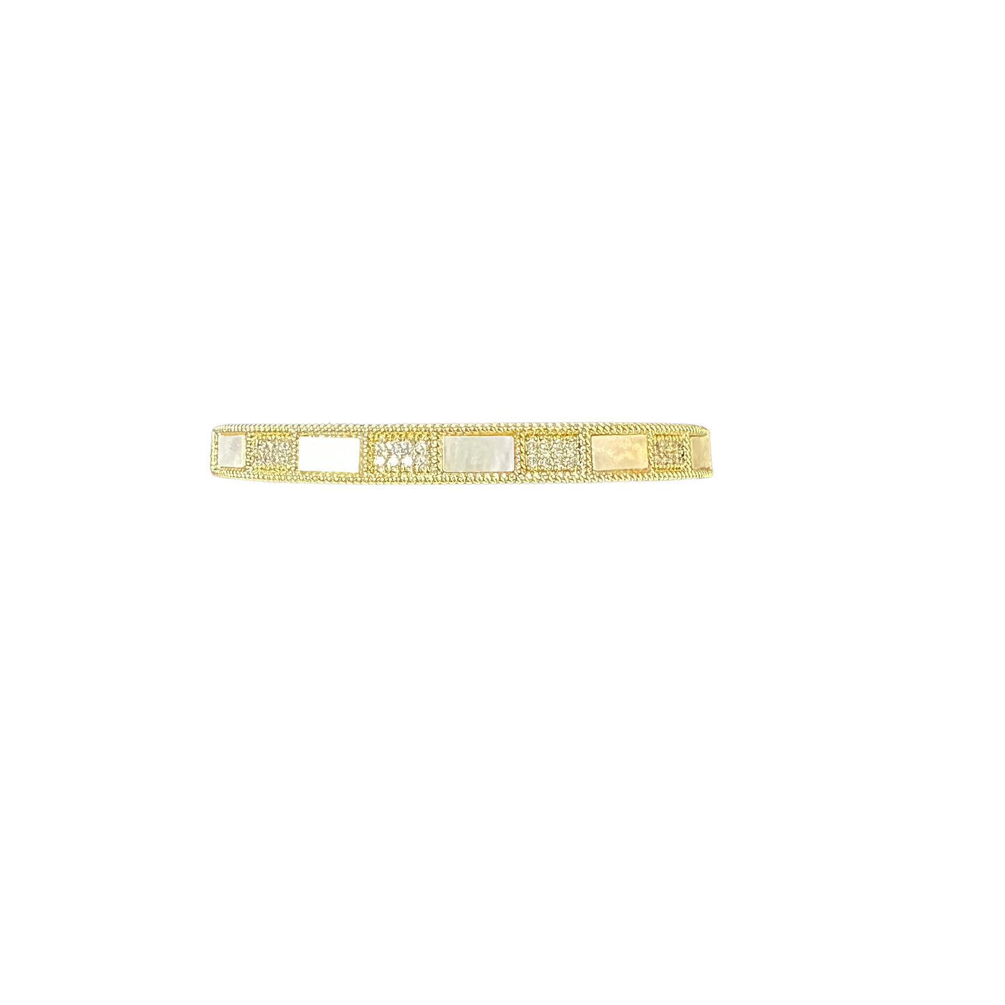 Elegant gold cuff bangle bracelet adorned with sparkling rhinestone accents and lustrous mother of pearl details. This statement piece combines timeless sophistication with eye-catching sparkle, perfect for elevating any outfit from casual to formal. The secure cuff design ensures comfortable all-day wear while the luxurious finishes catch the light beautifully. An ideal accessory for special occasions or everyday glamour.