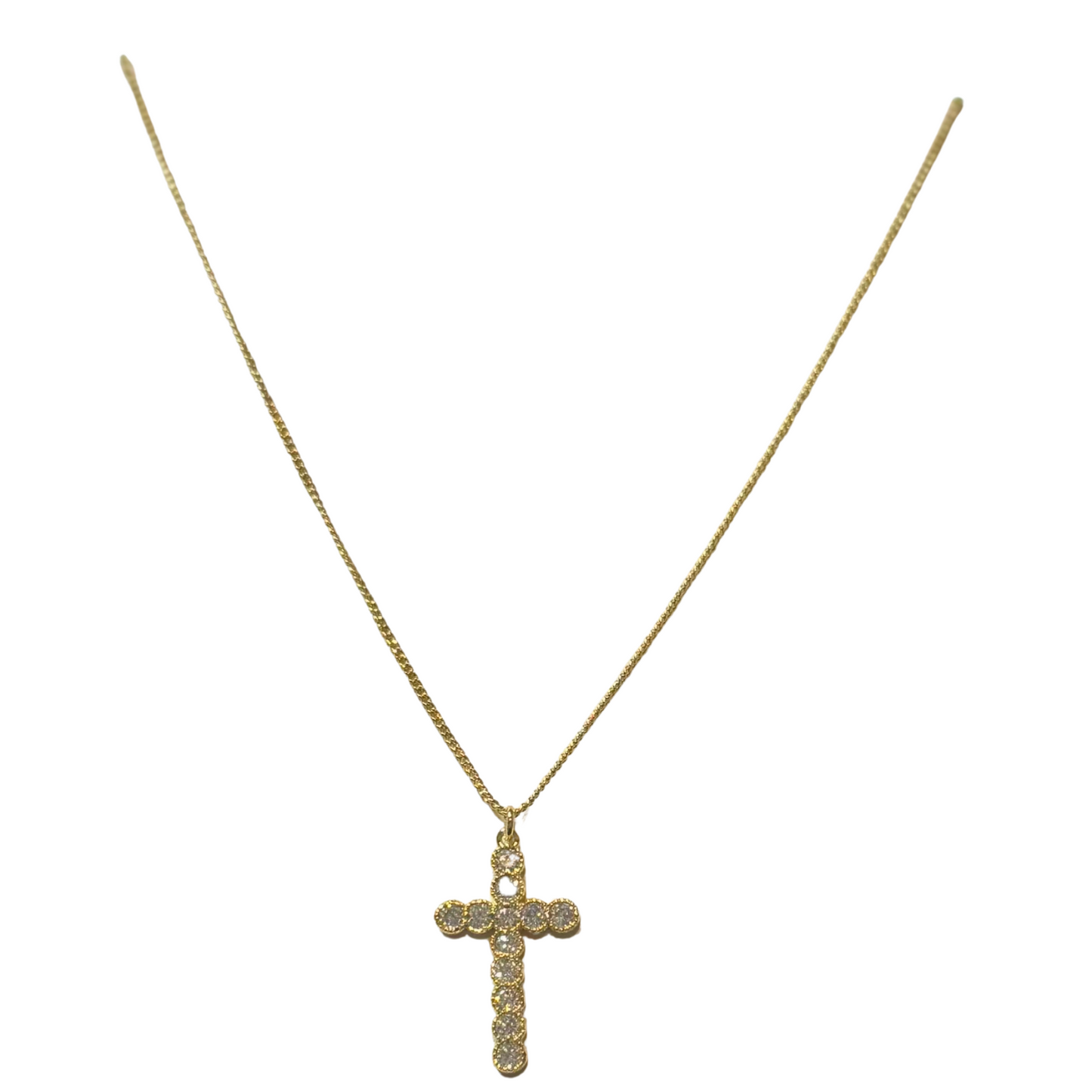 This short necklace is the perfect accessory for any occasion. Its gold cross pendant with rhinestone accents adds an elegant touch to any outfit. Makes a statement and adds a touch of sparkle to your ensemble.