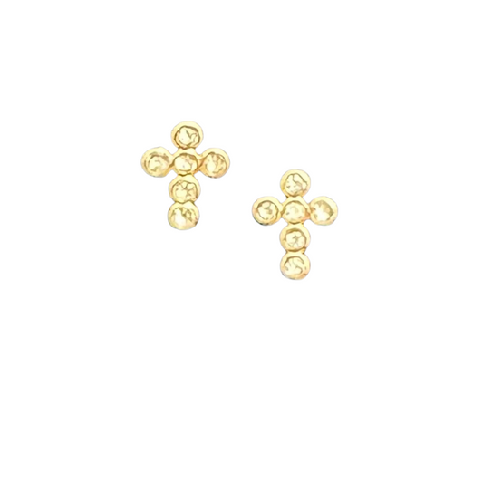 These Rhinestone Cross Studs by Perdido Gems feature a stunning gold design with elegant rhinestone accents in a delicate cross shape. Perfect for adding a touch of sophistication to any outfit. Upgrade your style with these beautiful stud earrings.