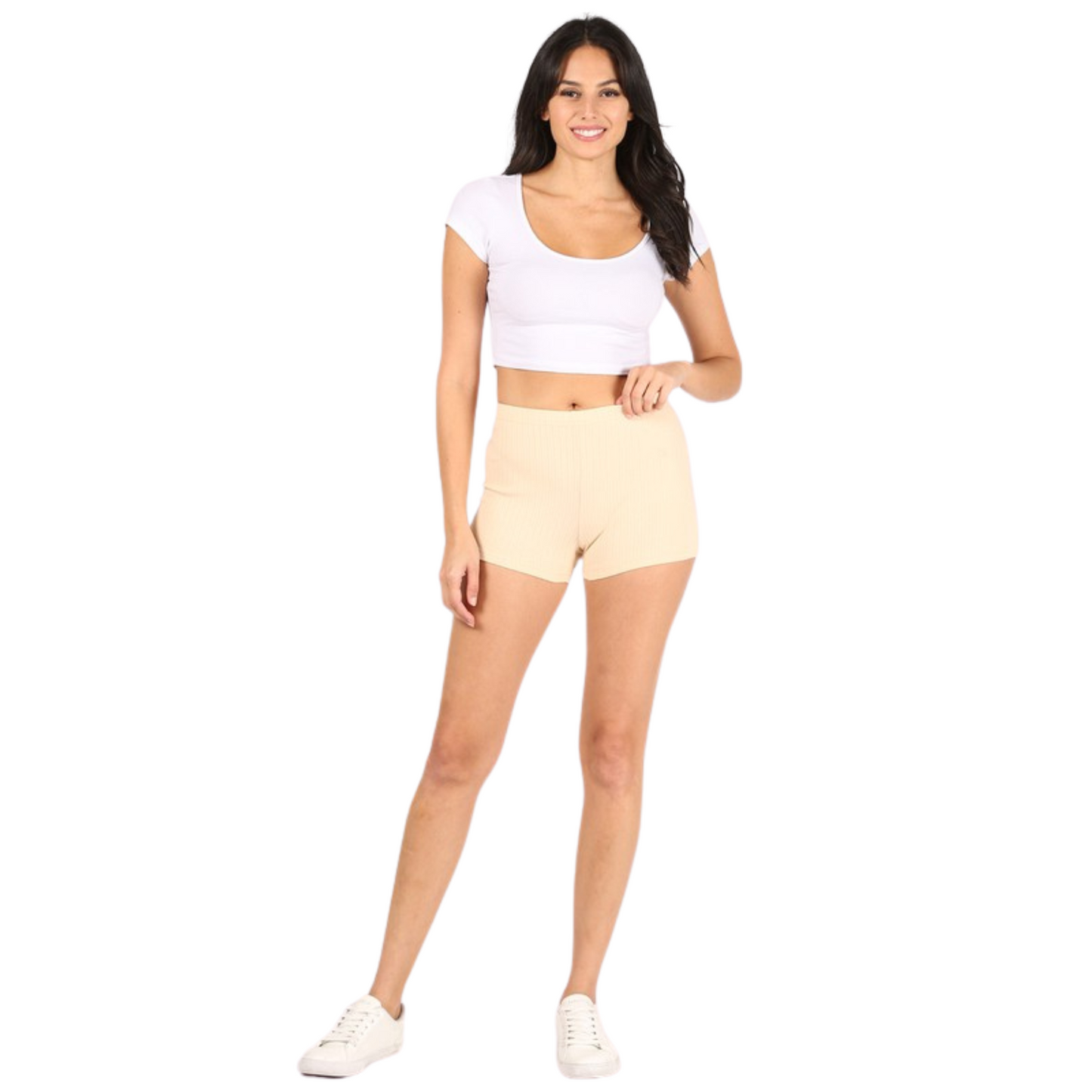 From Rosio, these stylish Ribbed Biker Shorts are designed for comfort and ease of use with lightweight material and available in black, white, or sand. Ideal for enhancing your everyday wardrobe.