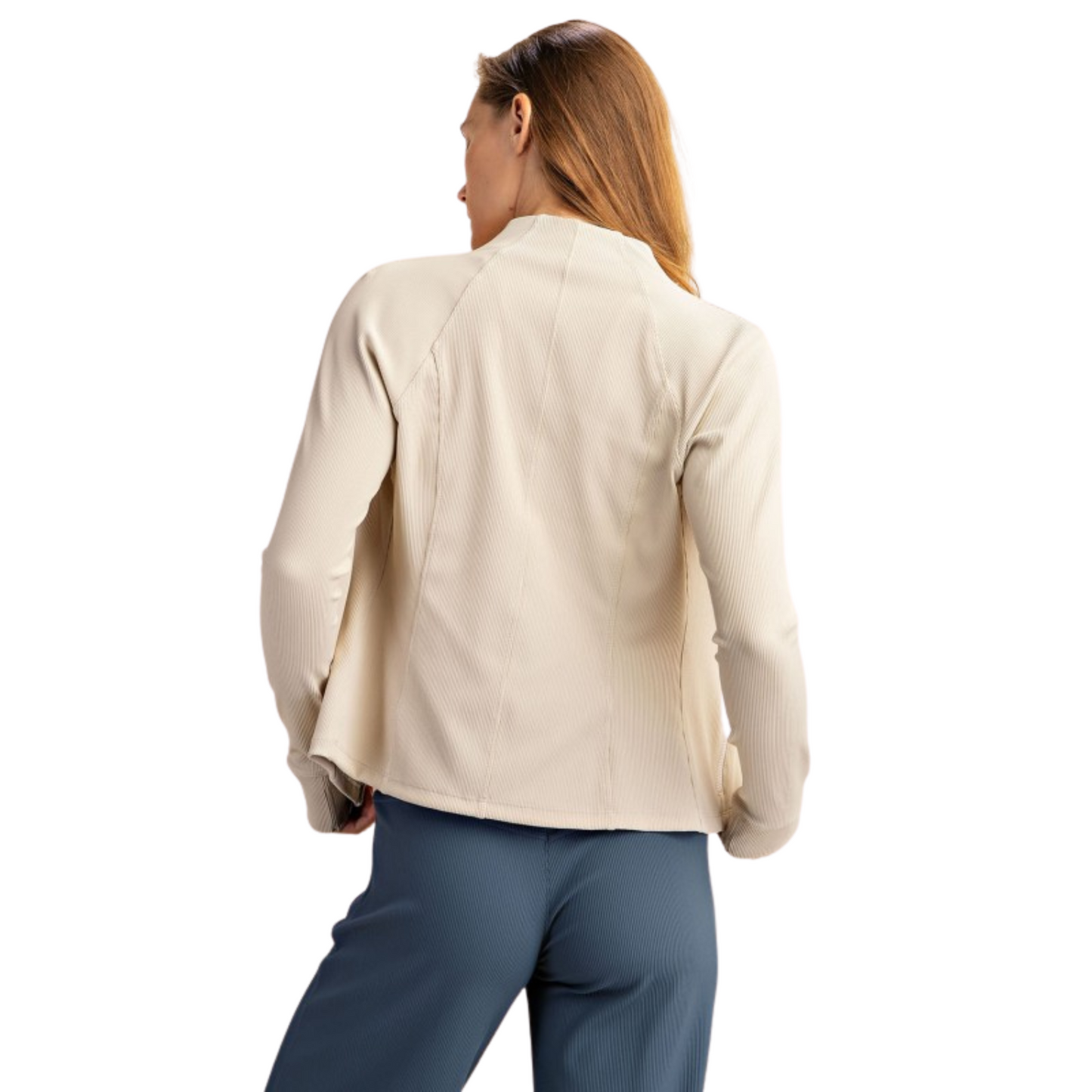 This Rae Mode 2x2 Ribbed Nylon Jacket in beige offers a sleek, form-fitting silhouette crafted from a textured ribbed fabric. Featuring a convenient zip-up front, it combines style with practicality for everyday wear. Its tailored fit enhances your shape while providing comfortable flexibility, making it a versatile addition to any wardrobe.