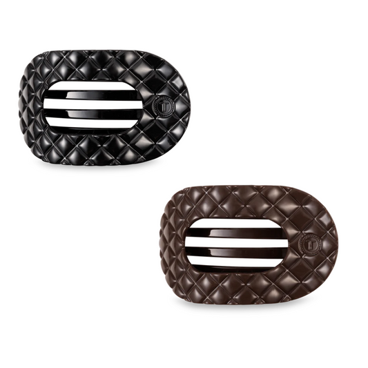 The Quilted Large Flat Round Hair Clip offers a comfortable, secure hold with bendable teeth designed to gently grasp all hair types. Lightweight yet durable, this clip is ideal for all-day wear, maintaining style from morning to night. Available in sophisticated jet black and truly taupe, it effortlessly blends practicality with elegance.