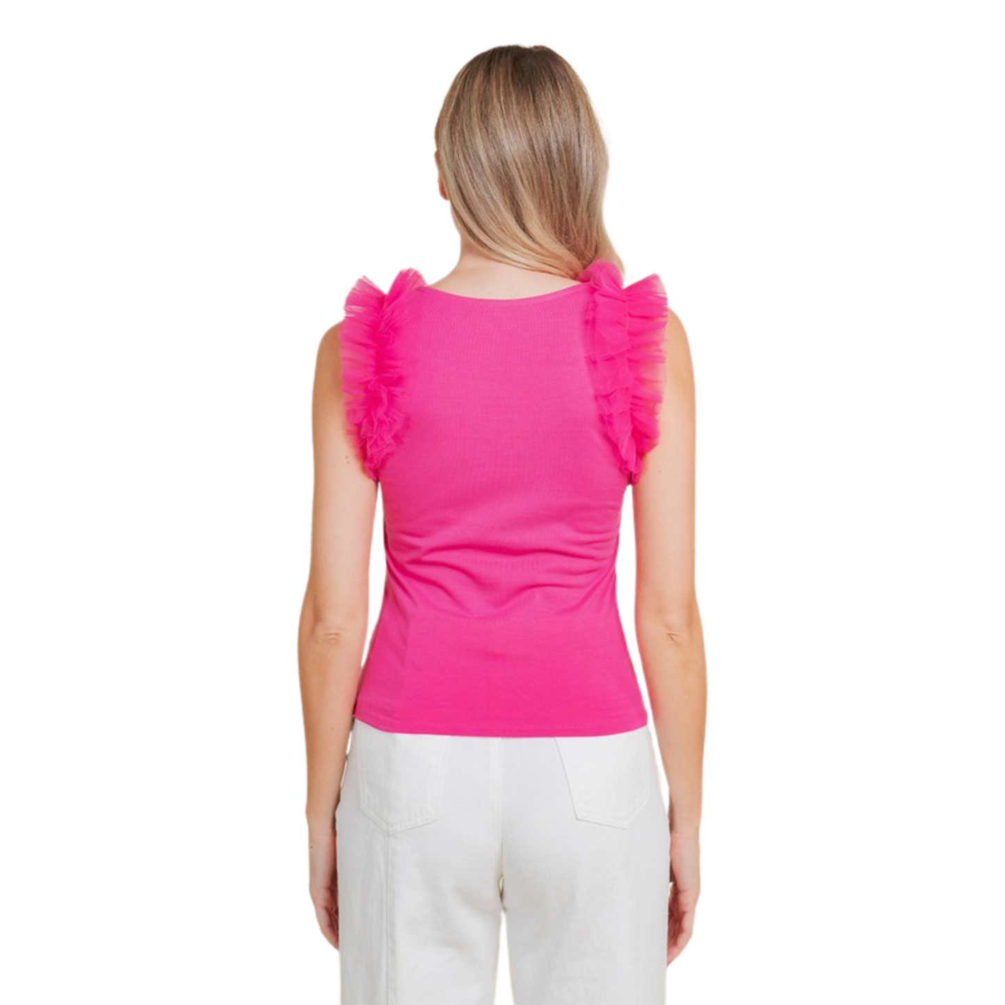 This Ruffled Chiffon Sleeveless Top is perfect for an elegant summer look. Made with ruffled chiffon accents and featuring bold hot pink hue, the top is sure to add a unique flair to any wardrobe. 