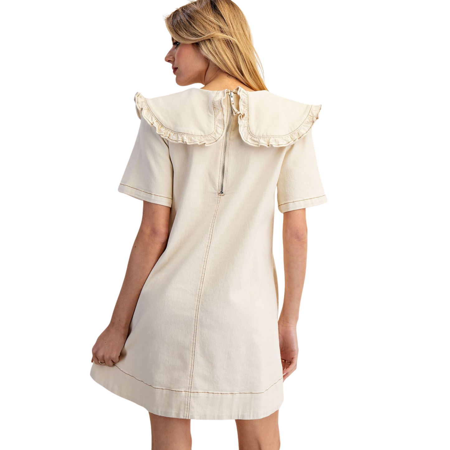Elevate your wardrobe with this oatmeal-colored mini dress featuring a structured collar and delicate ruffle detailing. Designed for a refined yet playful look, its tailored silhouette offers a flattering fit ideal for both casual outings and special occasions. The soft hue and quality fabric ensure versatile styling options that suit a range of settings with expert ease.