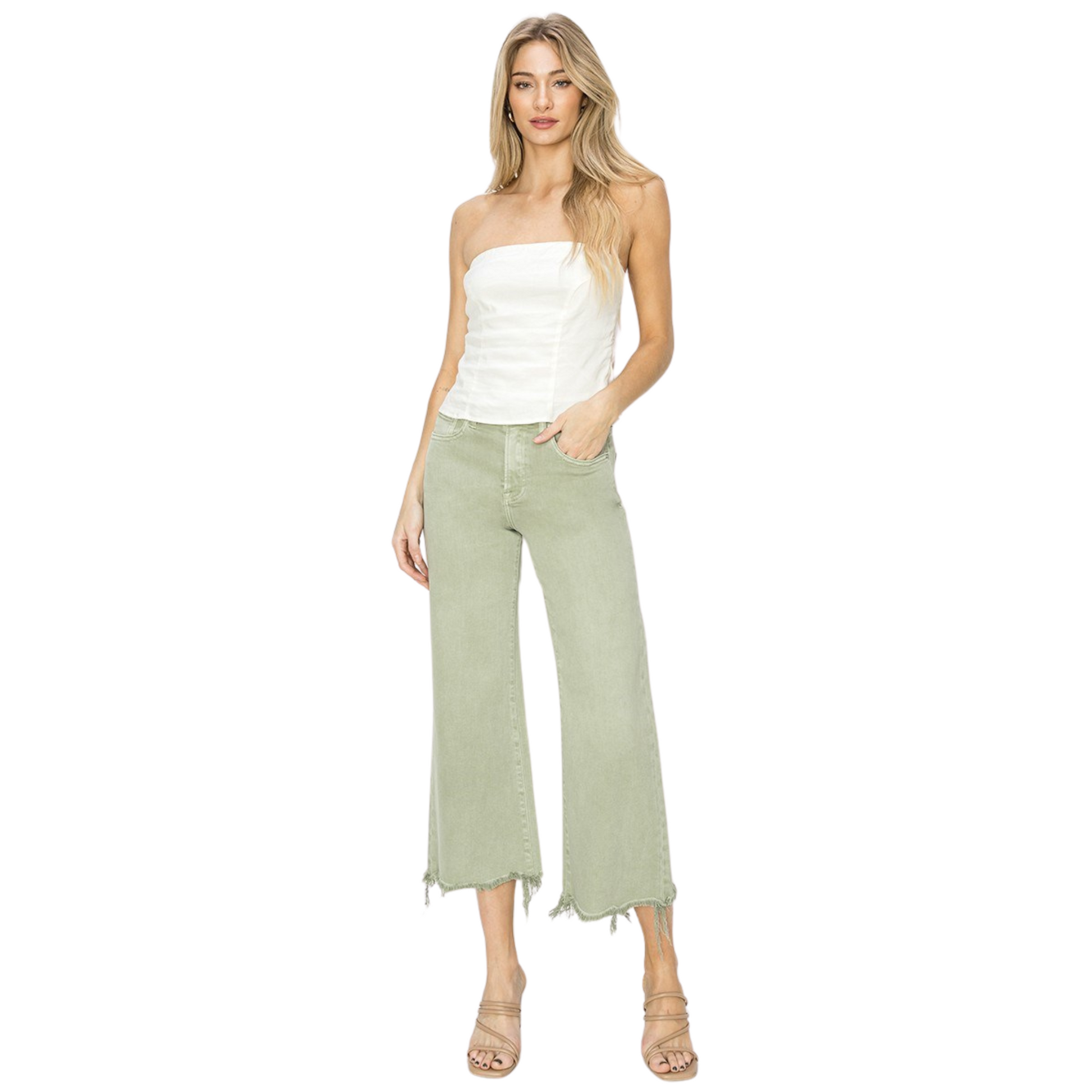 Enhance your wardrobe with our High Rise Cropped Pants in sage, featuring a raw hem and wide leg for a modern touch. Crafted by the reliable Risen brand, these pants are a must-have for any fashion-forward individual. Elevate your style with these on-trend cropped pants.