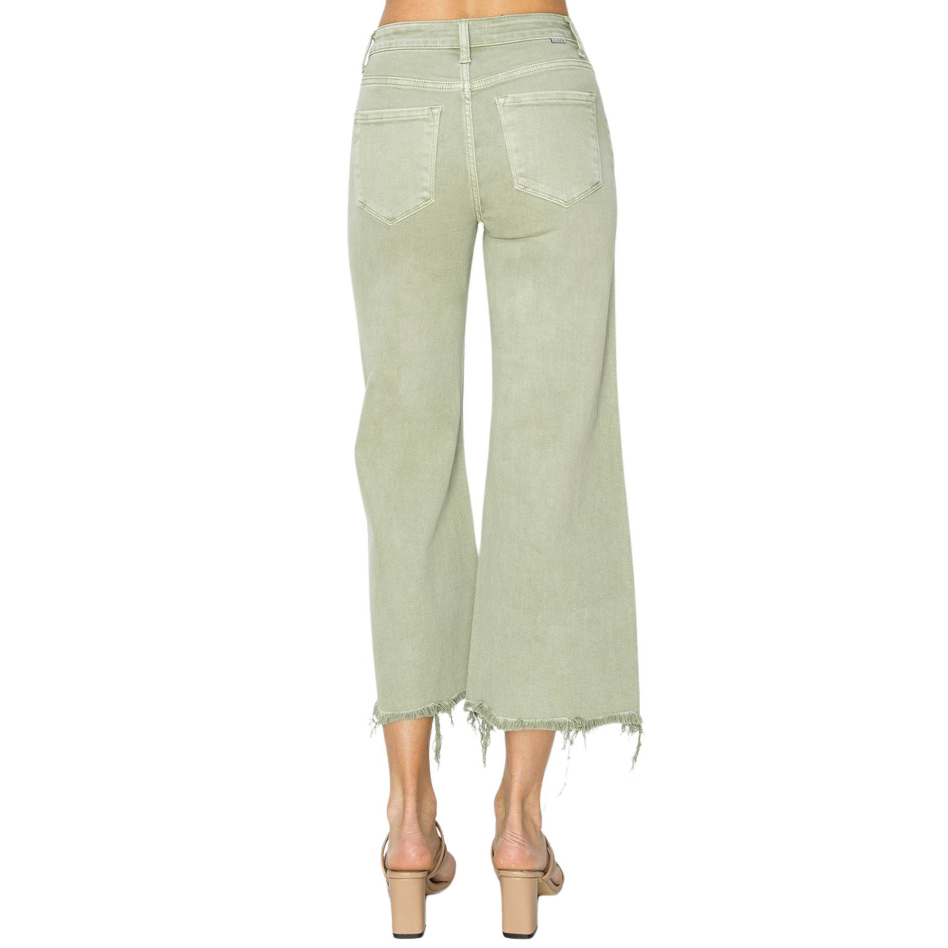 Enhance your wardrobe with our High Rise Cropped Pants in sage, featuring a raw hem and wide leg for a modern touch. Crafted by the reliable Risen brand, these pants are a must-have for any fashion-forward individual. Elevate your style with these on-trend cropped pants.