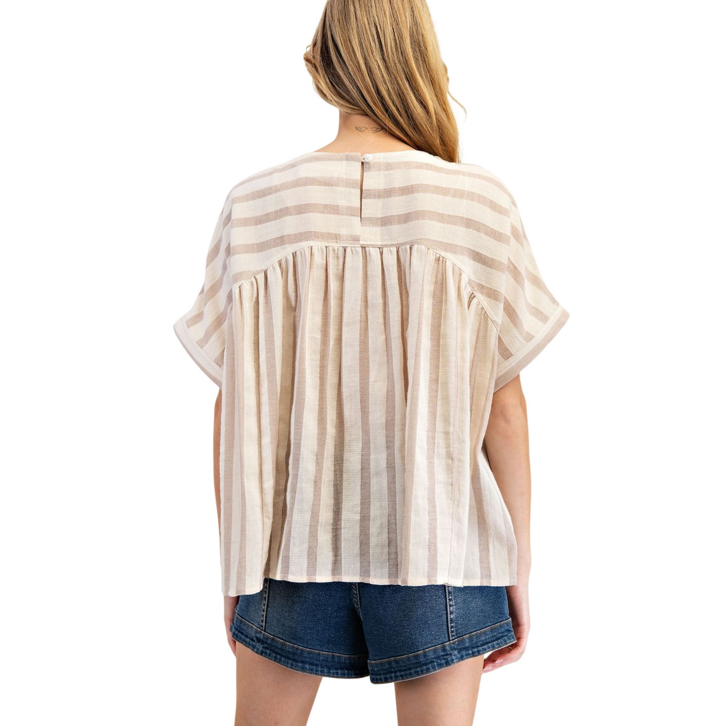 This sand-colored top features short sleeves and a classic round neckline, designed with subtle stripes for a refined, versatile look. Its lightweight fabric ensures comfortable wear, making it an ideal choice for layering or standalone styling in both casual and professional settings.