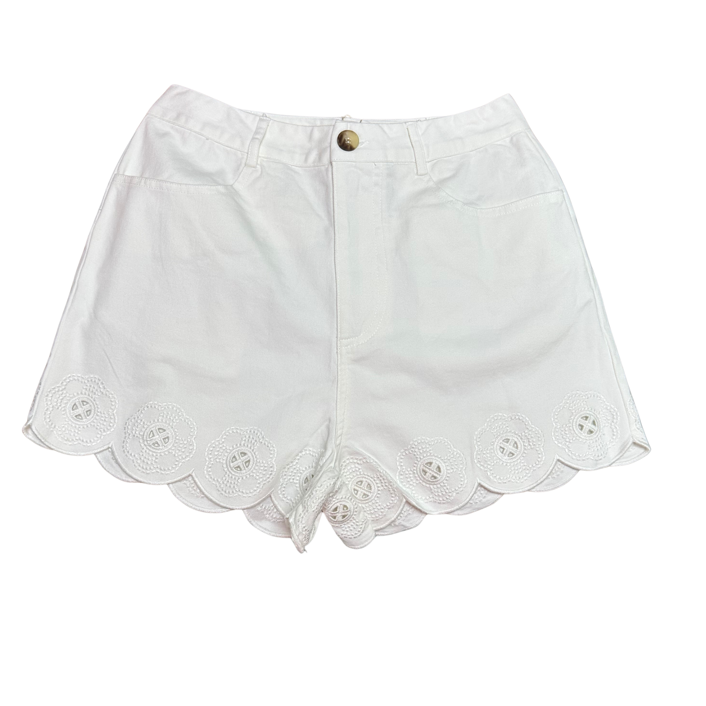 Elevate your warm-weather wardrobe with these charming Scallop Hem Shorts by Entro. Crafted from lightweight woven fabric, they feature a distinctive scalloped hem with delicate eyelet embroidery trim that adds feminine detail. The off-white color offers versatile styling options for any season. Designed for comfort and functionality, these shorts include a button and zip-fly closure, side pockets for everyday essentials, and back welt pockets.