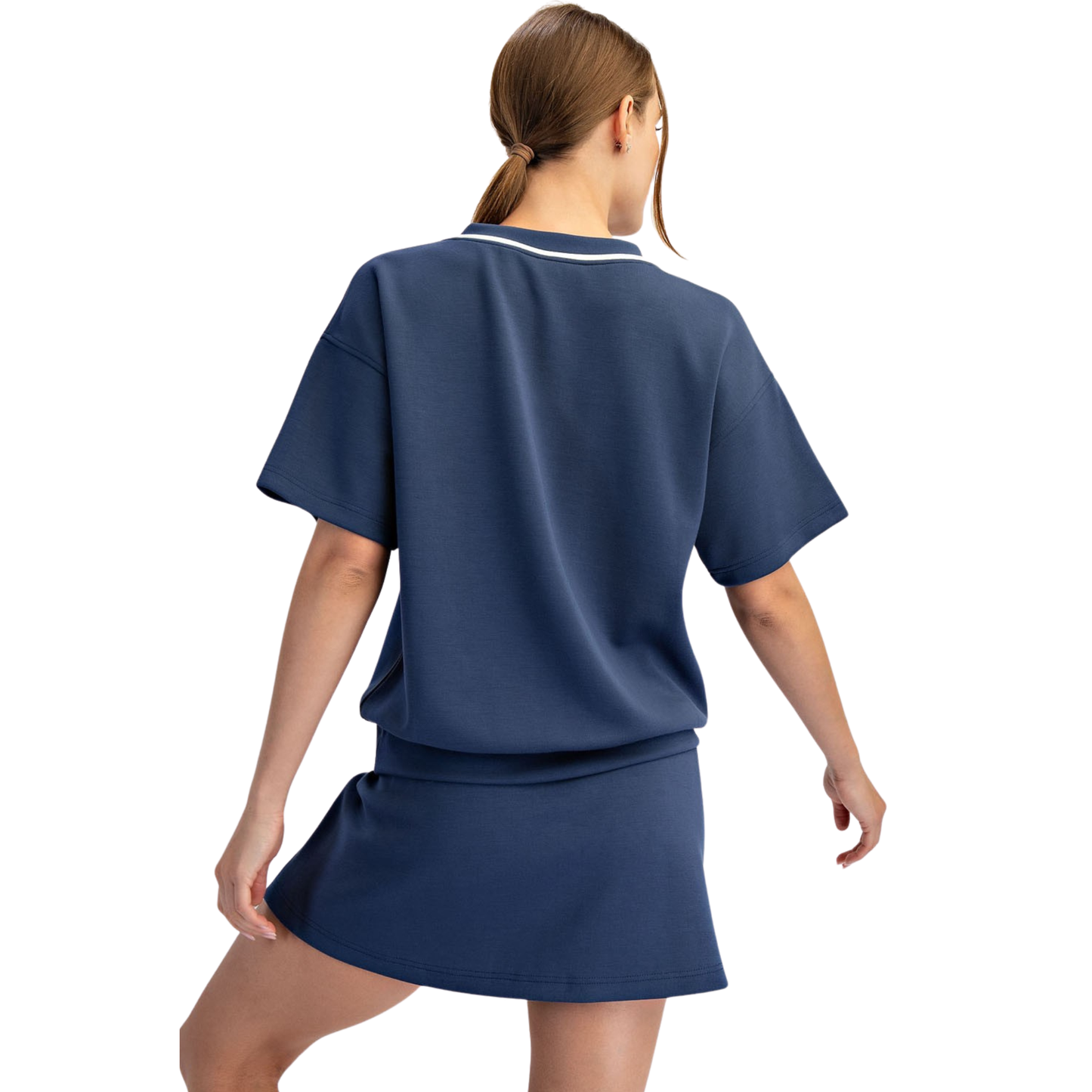 Modal Scuba Top and Skort Set in navy and cream delivers effortless style and comfort. The soft modal fabric drapes beautifully while providing breathability for all-day wear. The coordinated two-piece design pairs a fitted scuba top with a flattering skort, creating a polished look perfect for casual outings or active days. The navy and cream color combination offers versatile styling options that work with your existing wardrobe.
