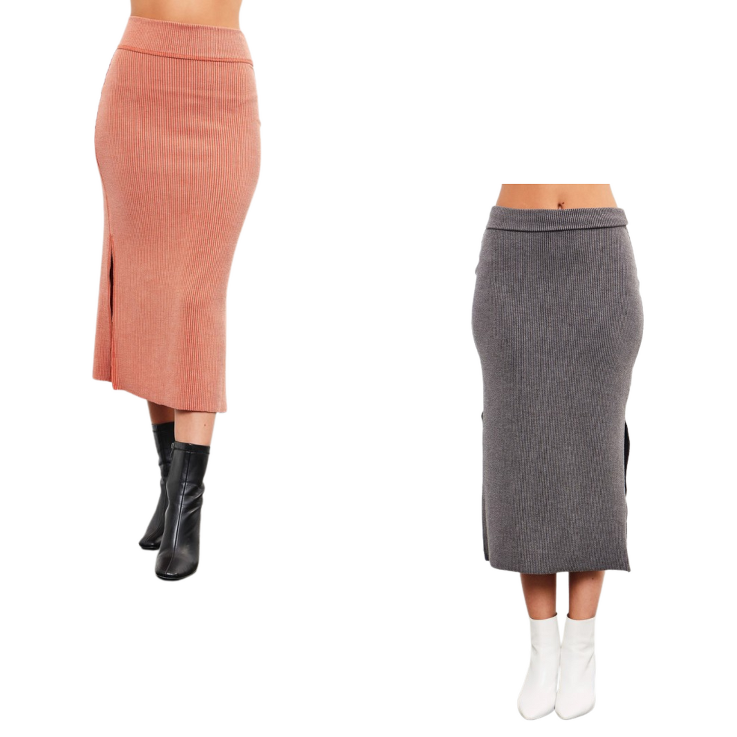 Achieve a chic and comfortable look with our Side Slit Skirt by Mustard Seed. This ribbed knit skirt is available in charcoal or persimmon colors and falls at a flattering midi length. Perfect for any occasion, it's a versatile addition to your wardrobe.
