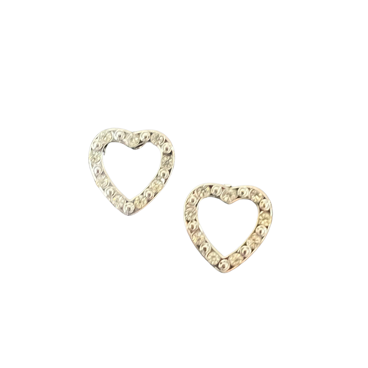 silver heart stud earrings with rhinestone accents