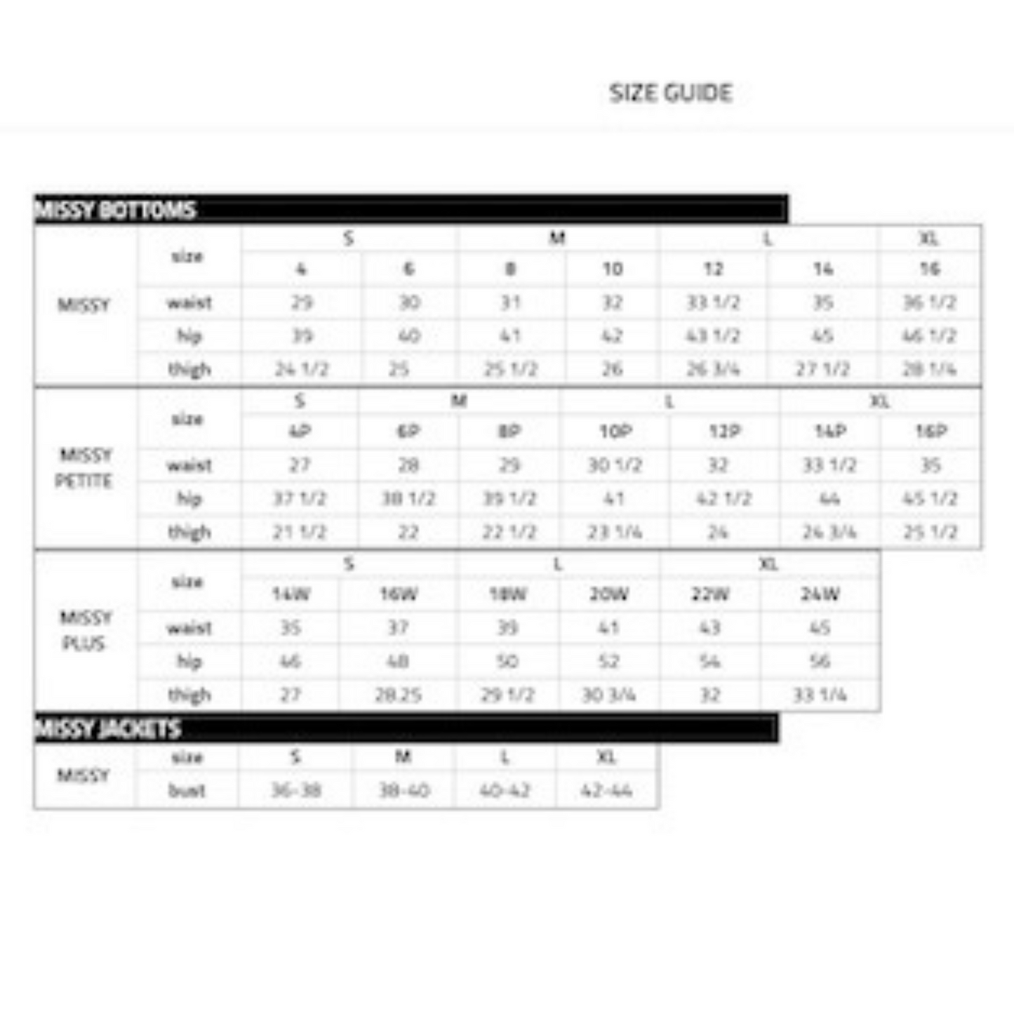 YMI size chart