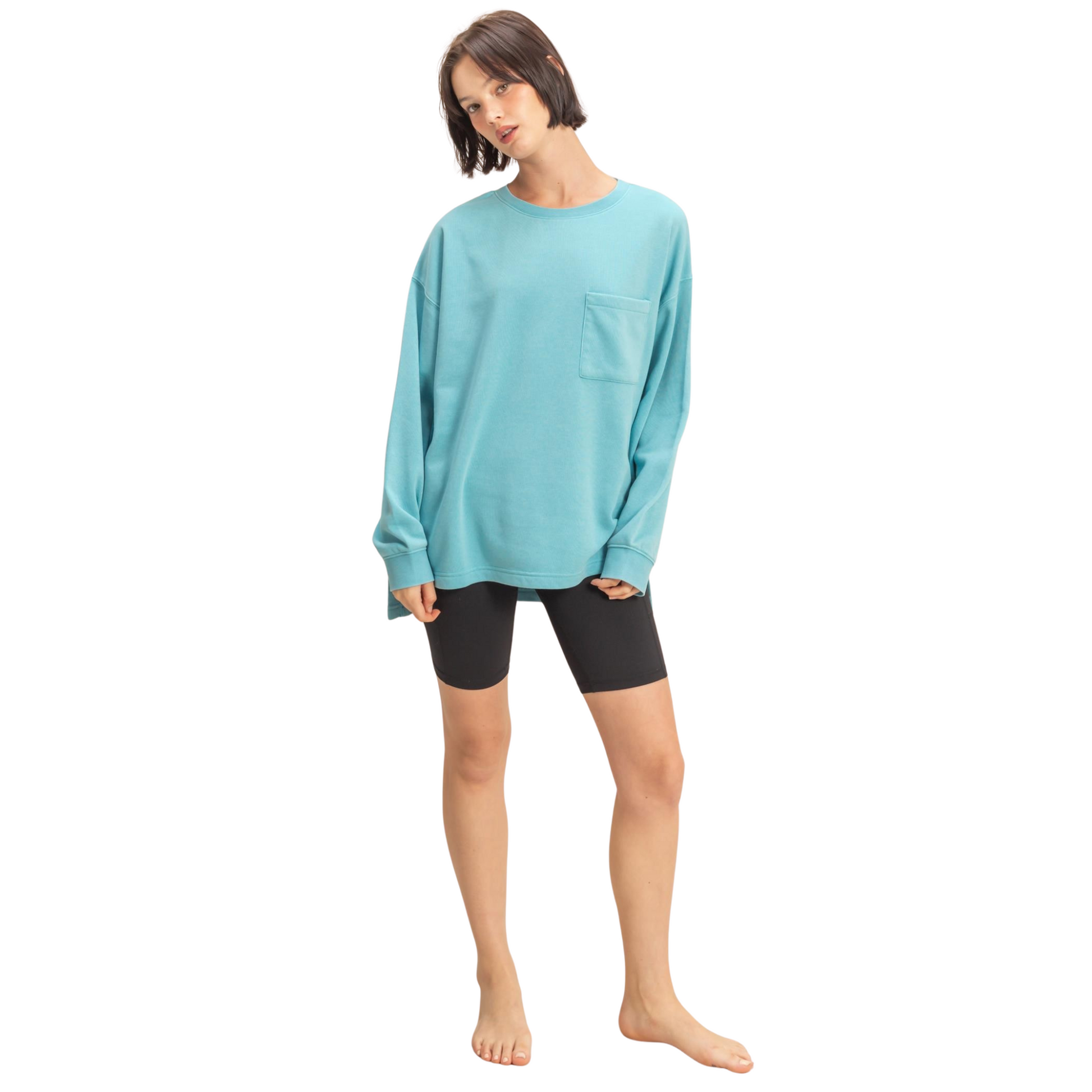 Oversized Long Sleeve Pocket Top in sky blue