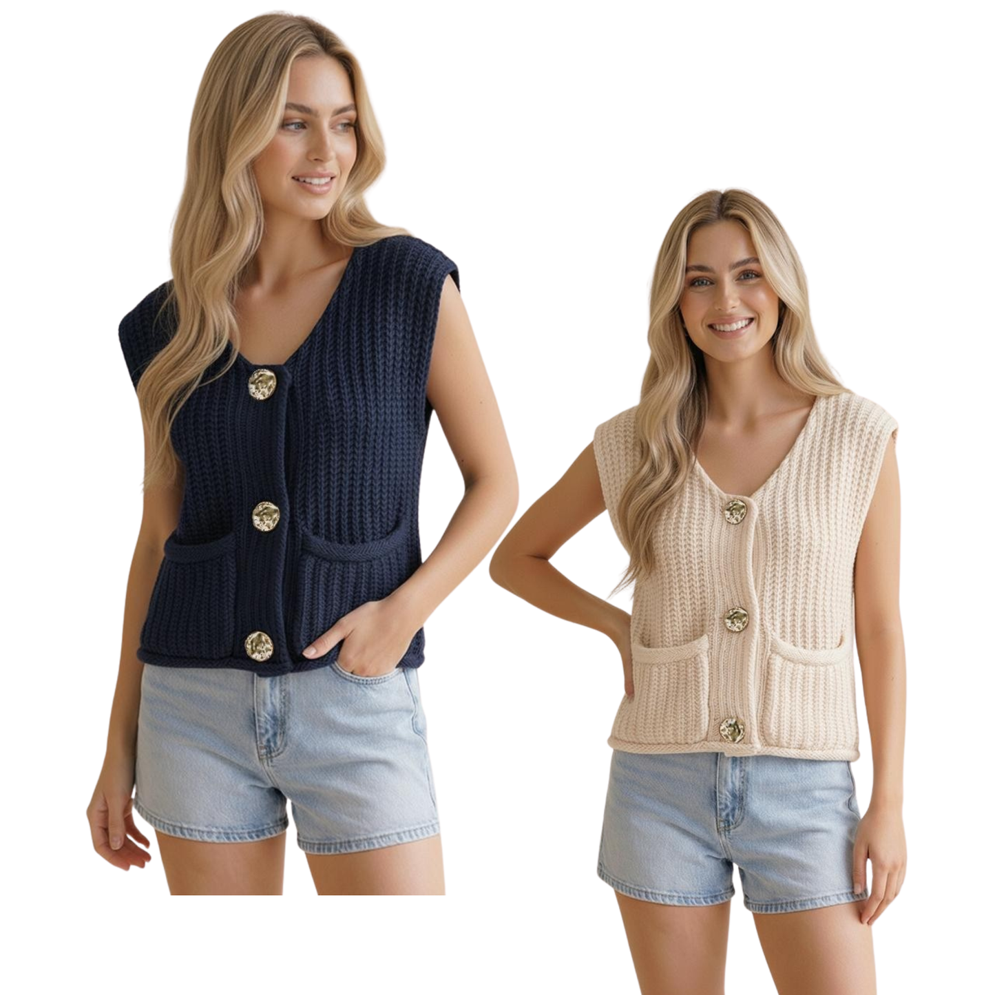 Elevate your layering game with this Button Down Chunky Sweater Vest from Haptics. Crafted in a versatile cream or navy color, this sleeveless piece features distinctive gold buttons that add a touch of sophistication. The chunky knit construction provides warmth and texture, making it perfect for pairing over long-sleeve shirts or tees. A timeless wardrobe essential that transitions seamlessly from casual to polished looks.