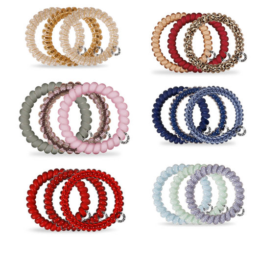 Small Fall Teleties offer a strong, no-rip grip designed to hold your hair securely throughout the day without causing breakage, headaches, or creases. These durable, waterproof hair ties double as stylish bracelets, making them perfect for any occasion. Available in six elegant shades—including Nightfall Navy, Luxury Living, and Red Carpet Ready—each pack contains three versatile ties that combine functionality with fashion.