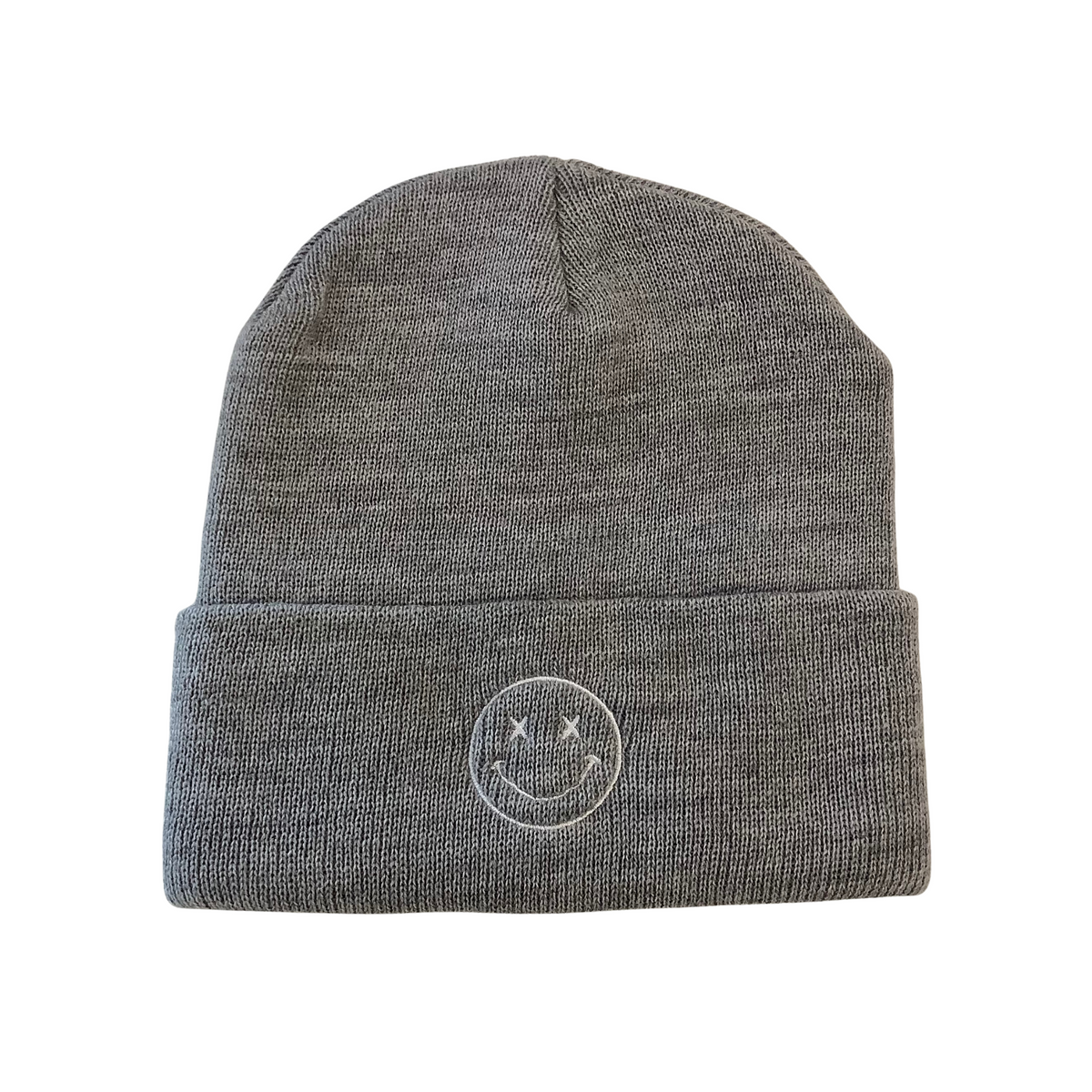 Our Smiley Face Beanie offers two classic colors, grey and black, and features a white stitched smiley face for a touch of whimsy. Perfect for creating a lighthearted look while keeping your head warm.
