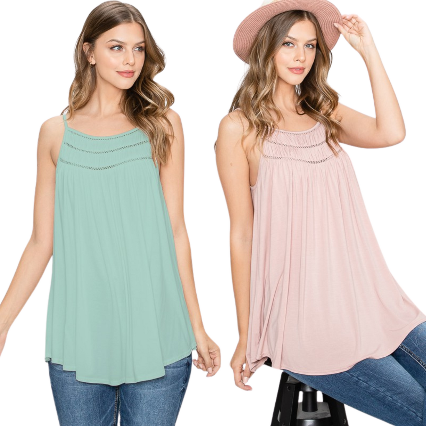 <p>This Smocked Detail Knit Cami is designed with ladder trim for a stylish look. The breathable material ensures comfort all day, available in both pink and sage color. Ideal for both formal and casual occasions.</p> <p> </p>