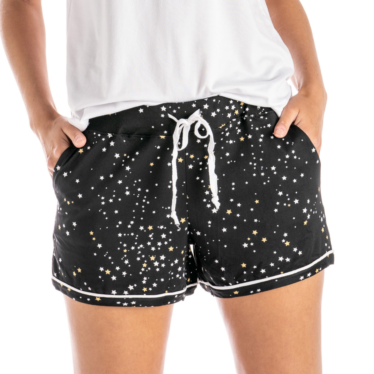 comfortable black loungewear shorts with stars printed on them