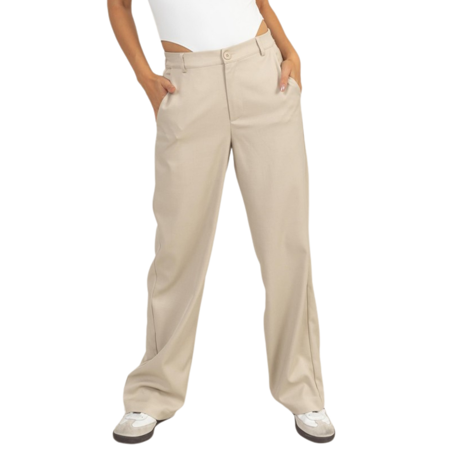 A high waist amp the sleek style of this pair that has a top button closure and belt loops for a classic look. Straight legs offer on-trend style, complete with slant pockets. 