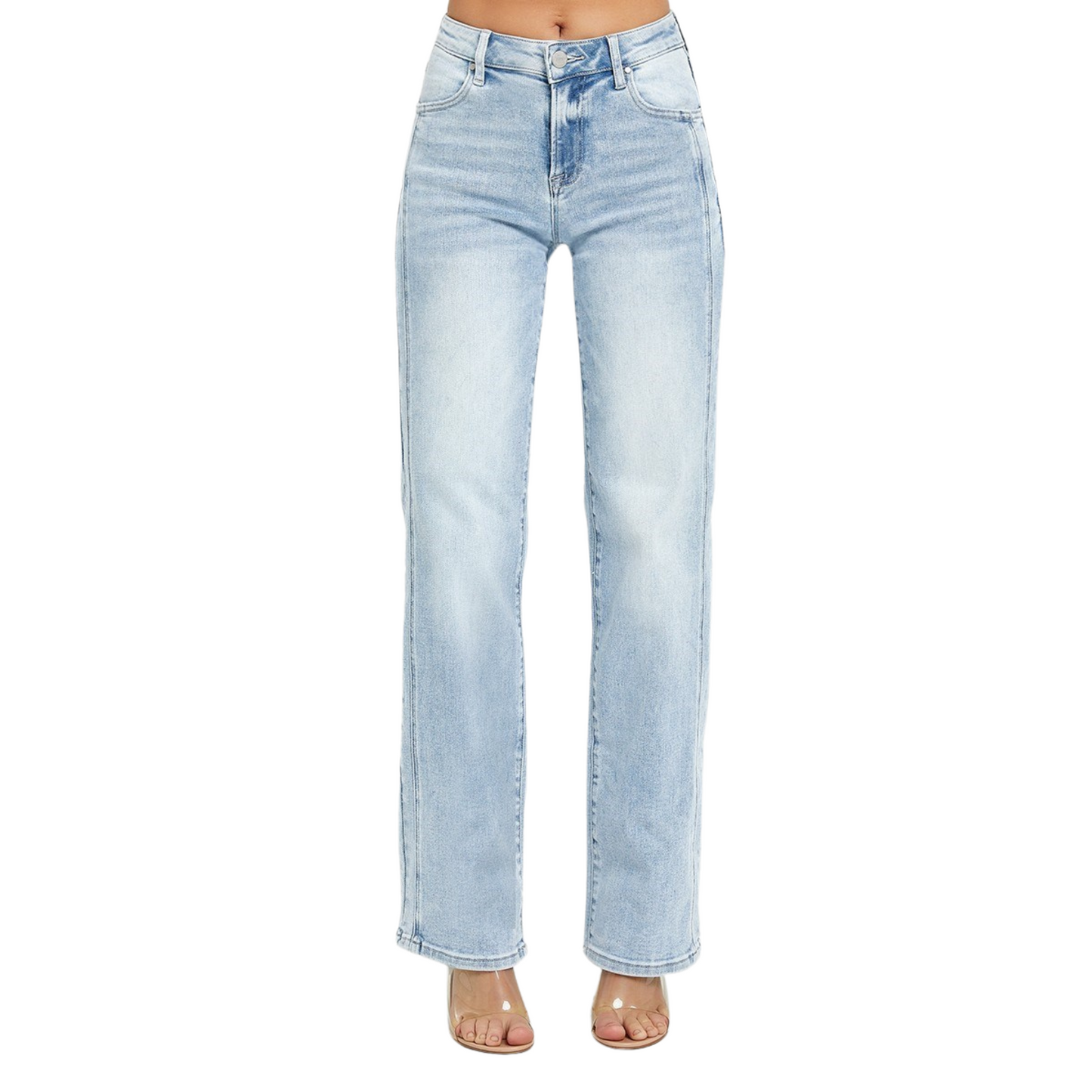 Upgrade your denim collection with our Mid Rise Straight Jeans from Risen brand. Featuring a light wash, these straight jeans provide a flattering fit for any body type. Elevate your style with this essential wardrobe staple.