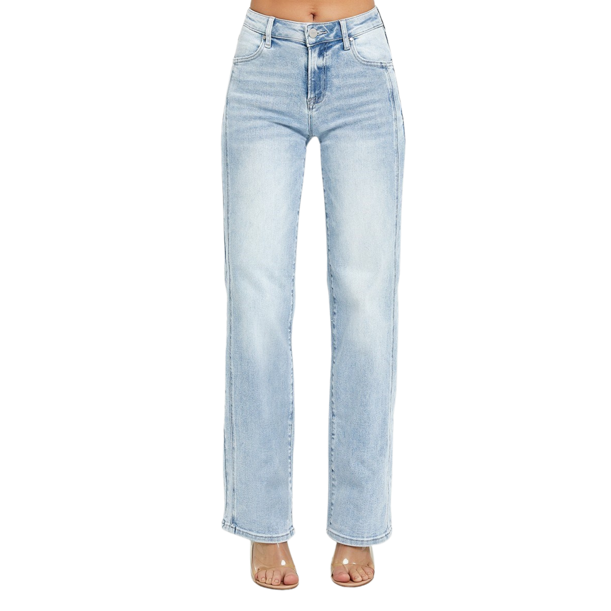Upgrade your denim collection with our Mid Rise Straight Jeans from Risen brand. Featuring a light wash, these straight jeans provide a flattering fit for any body type. Elevate your style with this essential wardrobe staple.