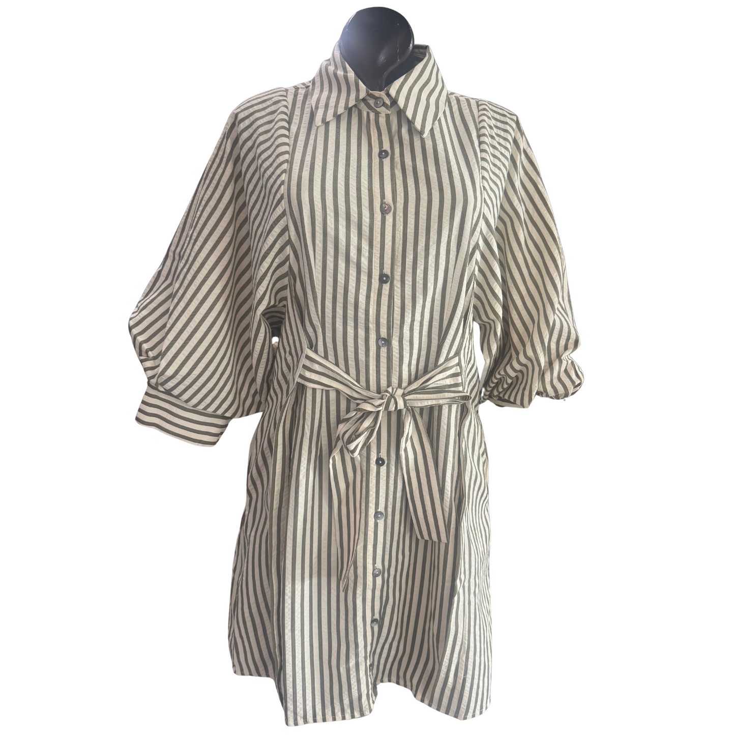 This olive-colored mini dress from Entro features a timeless striped pattern and a button-down front for effortless style. Designed with 3/4 length sleeves and a belted waist, it offers a flattering silhouette while maintaining comfort. Ideal for both casual and polished looks, this dress balances modern trends with classic appeal.