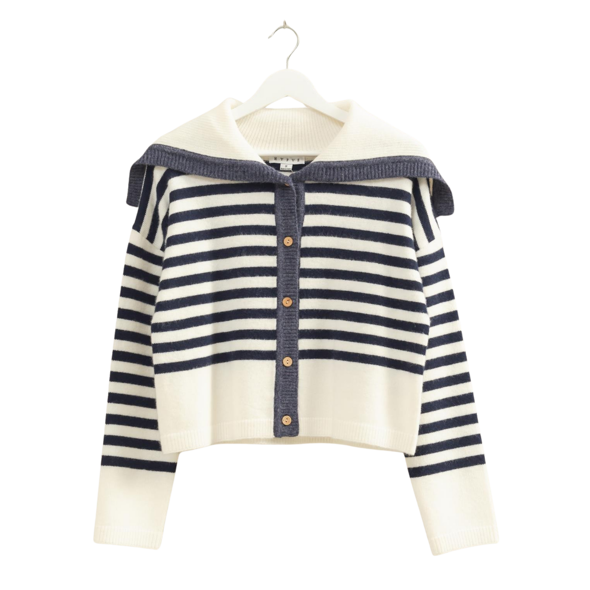 This expertly crafted Sailor Collar Sweater from HYFVE features a classic cream and blue striped pattern. Its distinctive sailor collar adds a timeless nautical touch, while the button-up front ensures easy wear and a tailored fit. Perfect for layering, this sweater combines vintage-inspired style with modern comfort for a versatile wardrobe staple.
