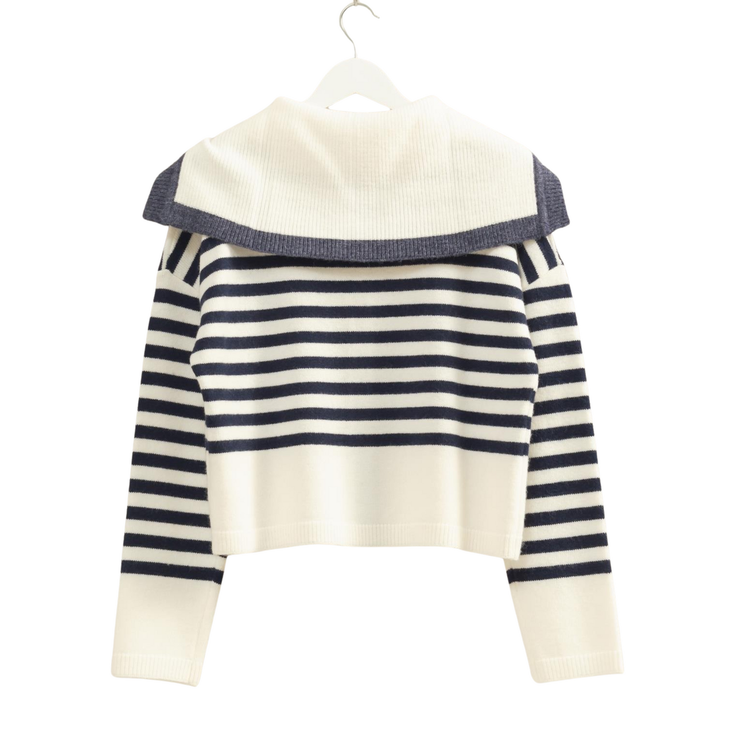 This expertly crafted Sailor Collar Sweater from HYFVE features a classic cream and blue striped pattern. Its distinctive sailor collar adds a timeless nautical touch, while the button-up front ensures easy wear and a tailored fit. Perfect for layering, this sweater combines vintage-inspired style with modern comfort for a versatile wardrobe staple.
