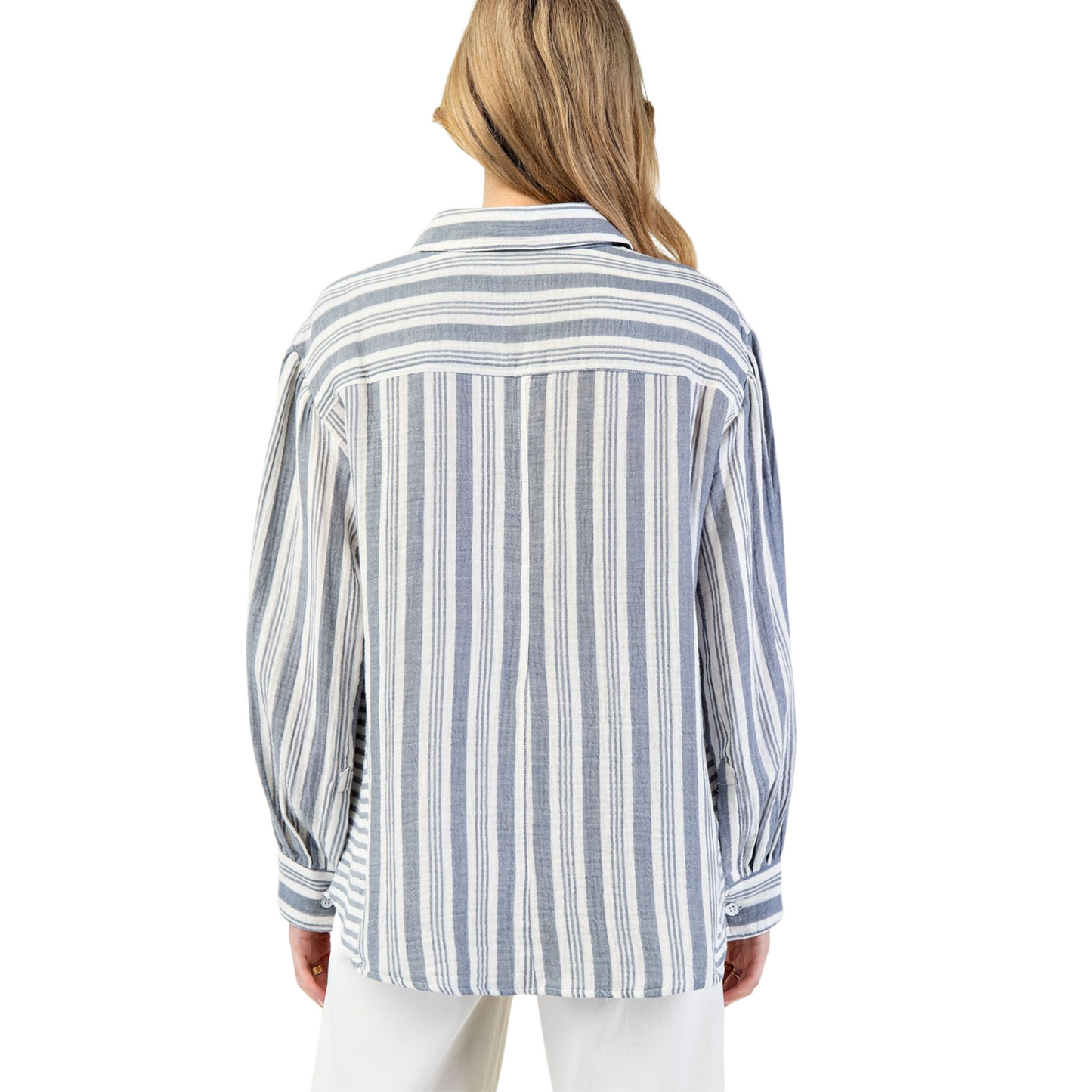 This denim colored striped button down top from ee is a must-have for any wardrobe. Featuring a collared top, button down design, and convenient side pocket, this top offers both style and functionality. The classic stripes add a timeless touch to any outfit.