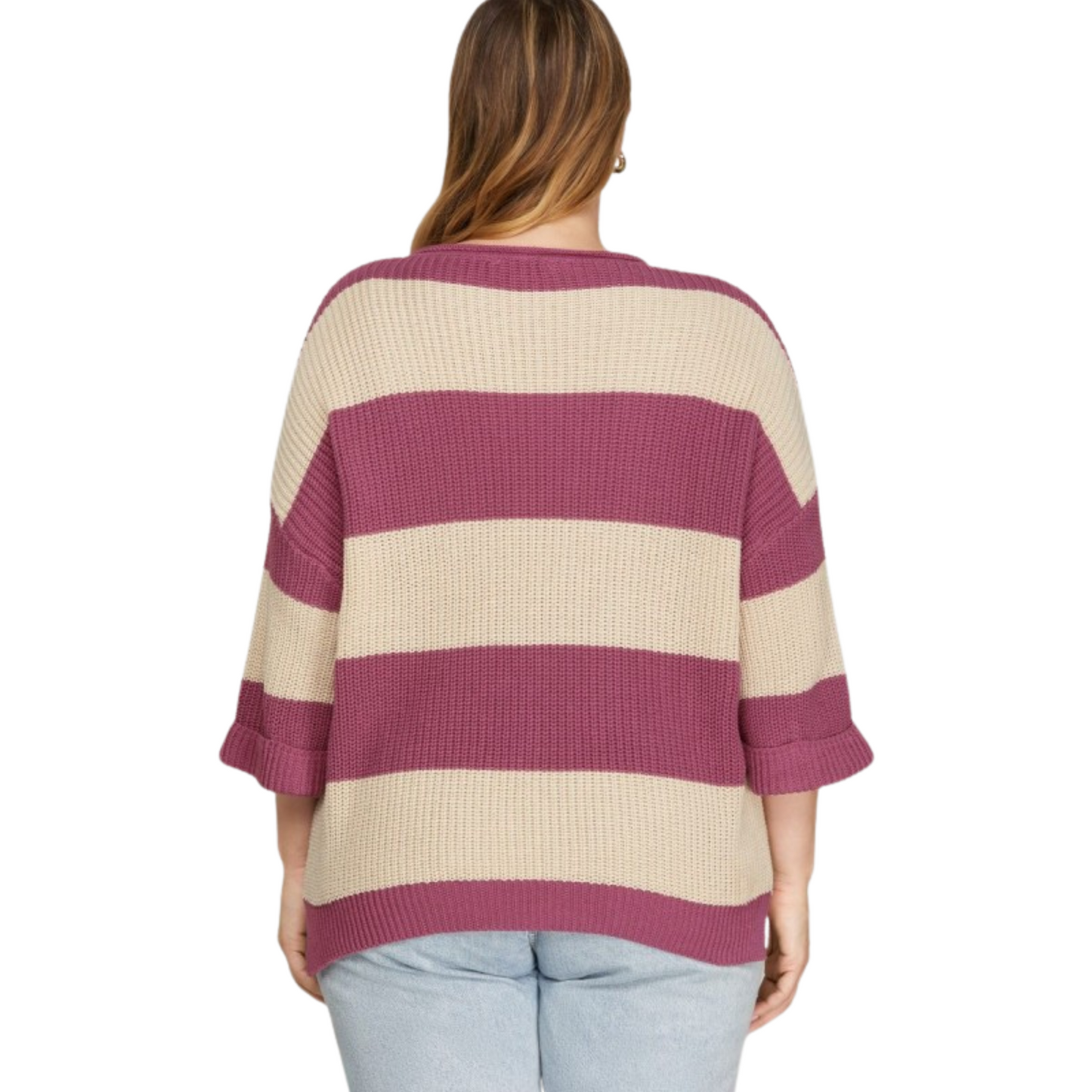 This plus-size striped knit sweater from Mad Fit offers a sophisticated blend of mauve and taupe hues, creating a versatile palette for your wardrobe. Its V-neck design enhances comfort and elongates the neckline, while the soft knit fabric ensures warmth without bulk. Ideal for layering or wearing alone, this piece combines style and functionality tailored to plus-size figures.