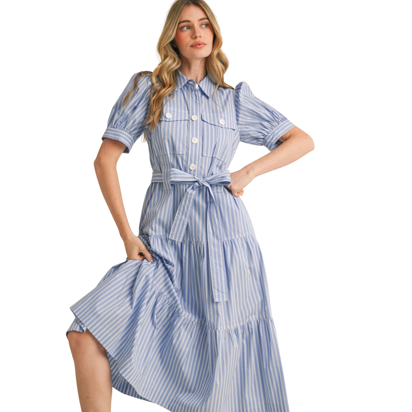 Elevate your everyday wardrobe with this sophisticated &Merci striped midi dress. Featuring classic blue and white stripes, a flattering belted waist, and functional button-up front, this piece transitions seamlessly from office to weekend. The midi length offers timeless elegance while the structured silhouette provides a polished, put-together look. Perfect for those who appreciate quality basics with refined style.