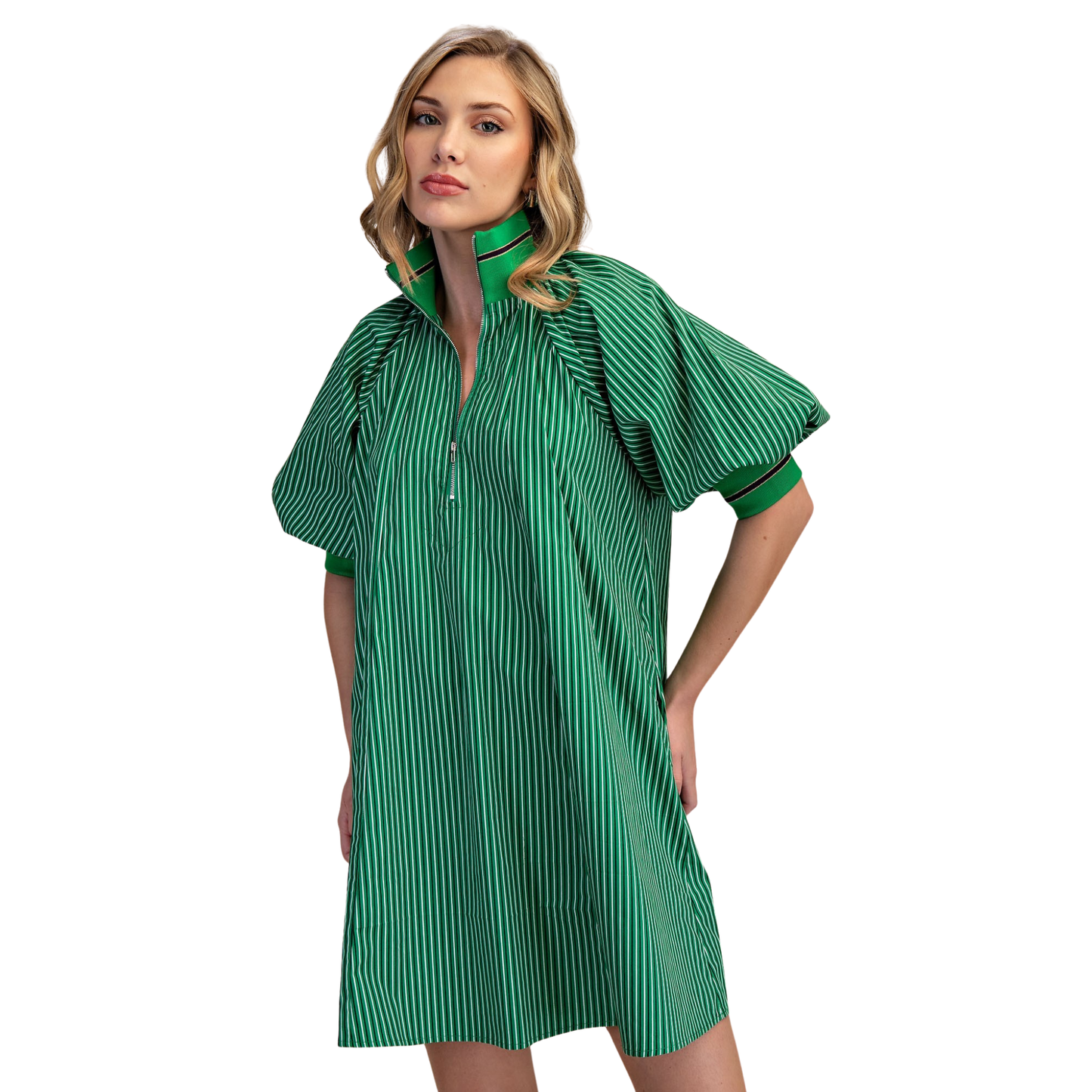 Elevate your casual wardrobe with this stunning Mock Neck Casual Mini Dress by Glam. Featuring a chic kelly green base with bold stripes, this dress combines effortless style with modern flair. The half-zip neckline adds versatility—wear it zipped up for a polished look or unzipped for a relaxed vibe. Puff sleeves bring a playful, feminine touch that's perfect for any occasion. Cut to a flattering mini length, this dress transitions seamlessly from day to night.