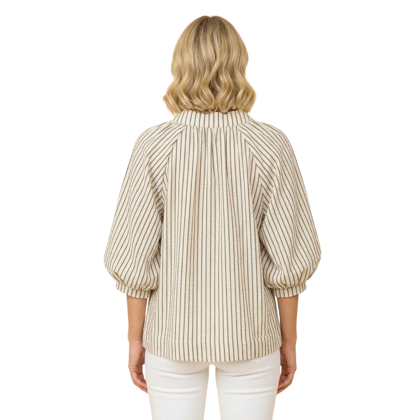 Effortless elegance meets comfort in this light sage striped blouse from Hemish USA. Designed for the modern woman, it features a flattering V-neck, three-quarter length sleeves, and a delicate scalloped hem that adds a touch of sophistication. The relaxed fit and quality construction make it perfect for layering or wearing solo. A versatile piece that transitions seamlessly from casual to polished looks.