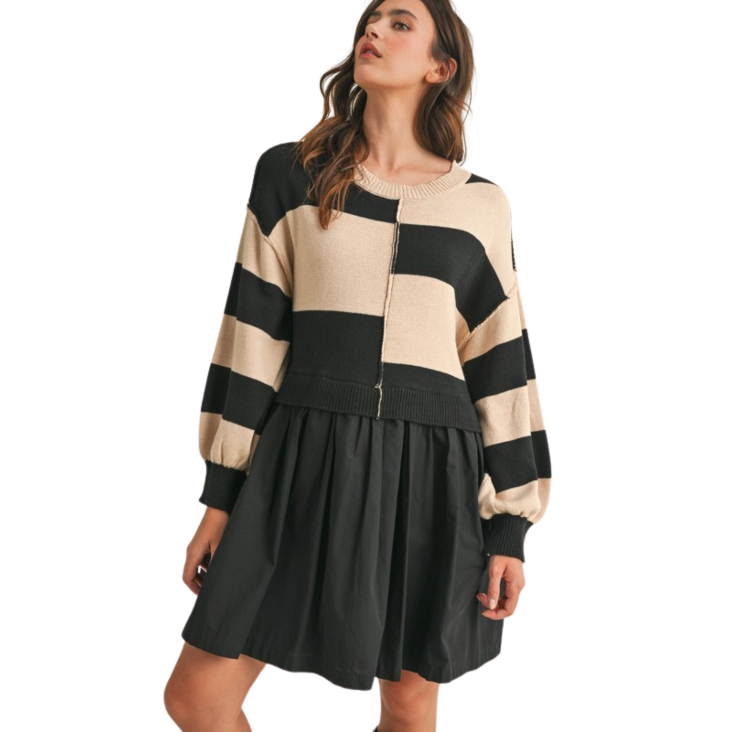 Expertly crafted with a mixed media design, this stylish sweater dress boasts a sweater knit bodice and a woven skirt. The relaxed fit and drop shoulder long puff sleeves provide ultimate comfort while the mixed stripe pattern adds a touch of sophistication. Complete with ribbed detailing and pockets, this dress is both functional and fashionable. Lined for extra coverage.