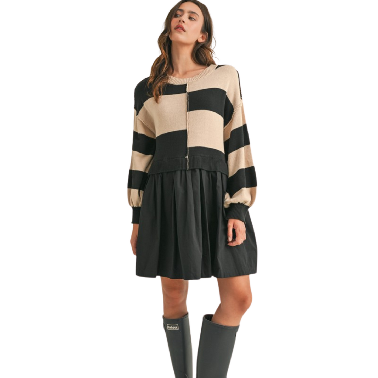 Expertly crafted with a mixed media design, this stylish sweater dress boasts a sweater knit bodice and a woven skirt. The relaxed fit and drop shoulder long puff sleeves provide ultimate comfort while the mixed stripe pattern adds a touch of sophistication. Complete with ribbed detailing and pockets, this dress is both functional and fashionable. Lined for extra coverage.