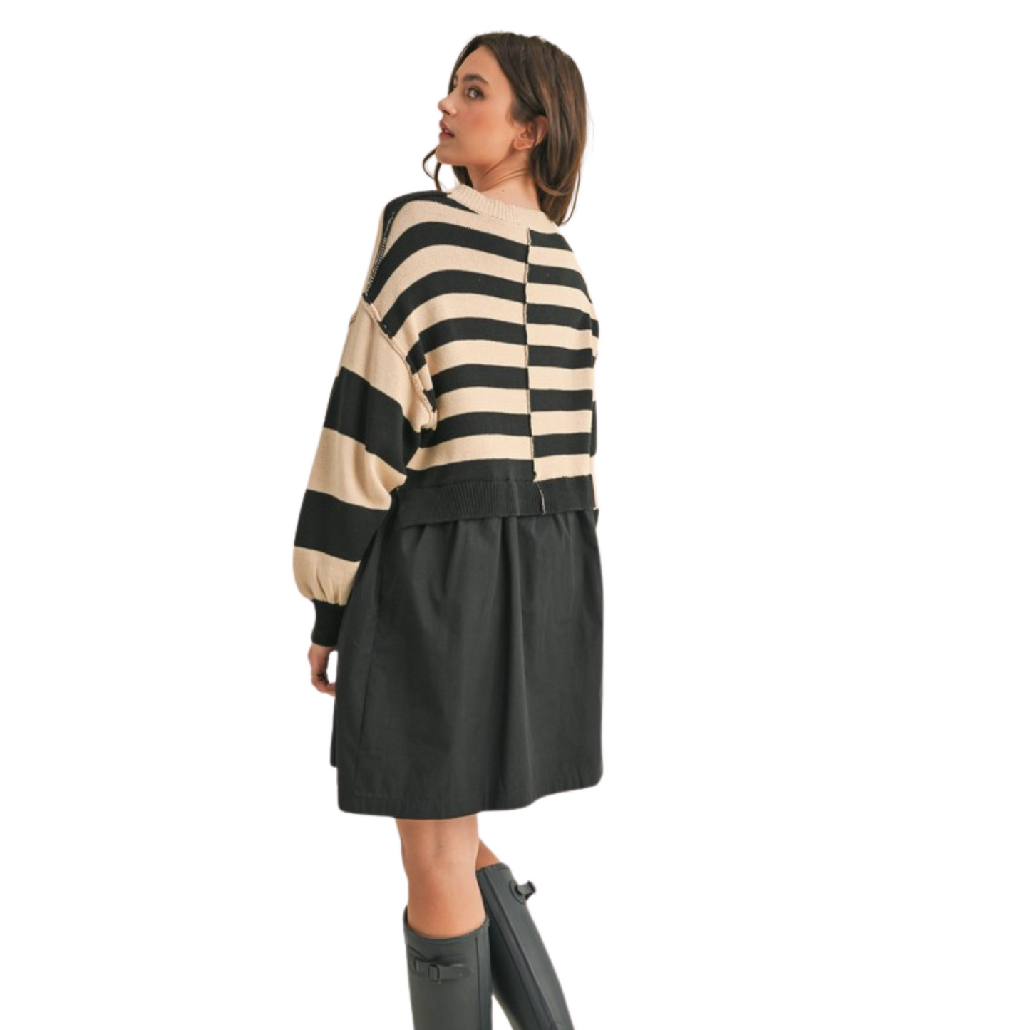 Expertly crafted with a mixed media design, this stylish sweater dress boasts a sweater knit bodice and a woven skirt. The relaxed fit and drop shoulder long puff sleeves provide ultimate comfort while the mixed stripe pattern adds a touch of sophistication. Complete with ribbed detailing and pockets, this dress is both functional and fashionable. Lined for extra coverage.