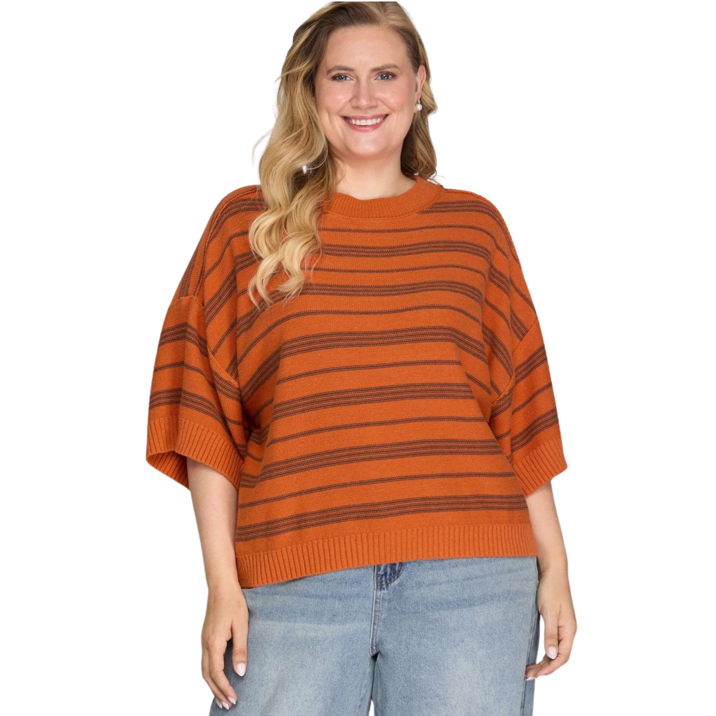 Embrace cozy style with this She+Sky striped knit sweater top in warm pumpkin tones. Designed for a comfortable plus-size fit, the short sleeves make it perfect for layering or wearing solo. The classic striped pattern adds visual interest while the soft knit fabric keeps you warm and comfortable all season long. A versatile piece that transitions effortlessly from casual days to relaxed evenings.