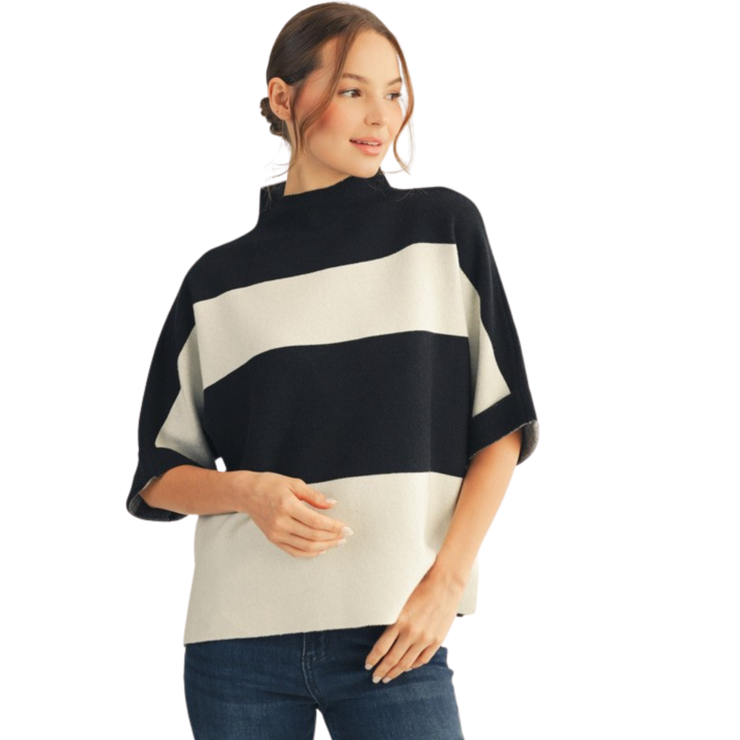This Jodifl Drop Shoulder Sweater Top features a sophisticated black and white wide stripe pattern complemented by a mock neck for a modern touch. The 3/4 length sleeves balance style and comfort, making it ideal for transitional weather. Its relaxed drop shoulder design ensures an effortless fit, perfect for layering or standing out on its own.
