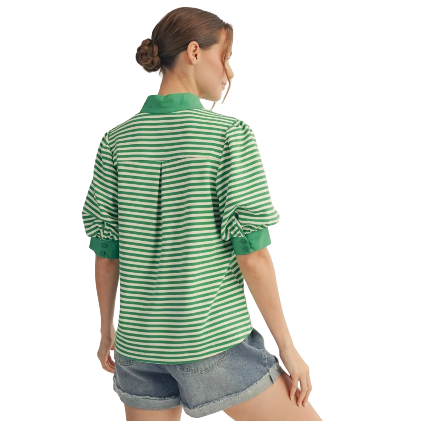 Elevate your wardrobe with this charming Jodifl puff sleeve top in rich kelley green. The flattering v-neckline and short puff sleeves create a feminine silhouette, while subtle striping adds visual interest and dimension. Perfect for layering or wearing solo, this versatile piece transitions seamlessly from casual days to evening outings. A timeless addition to any style-conscious closet.