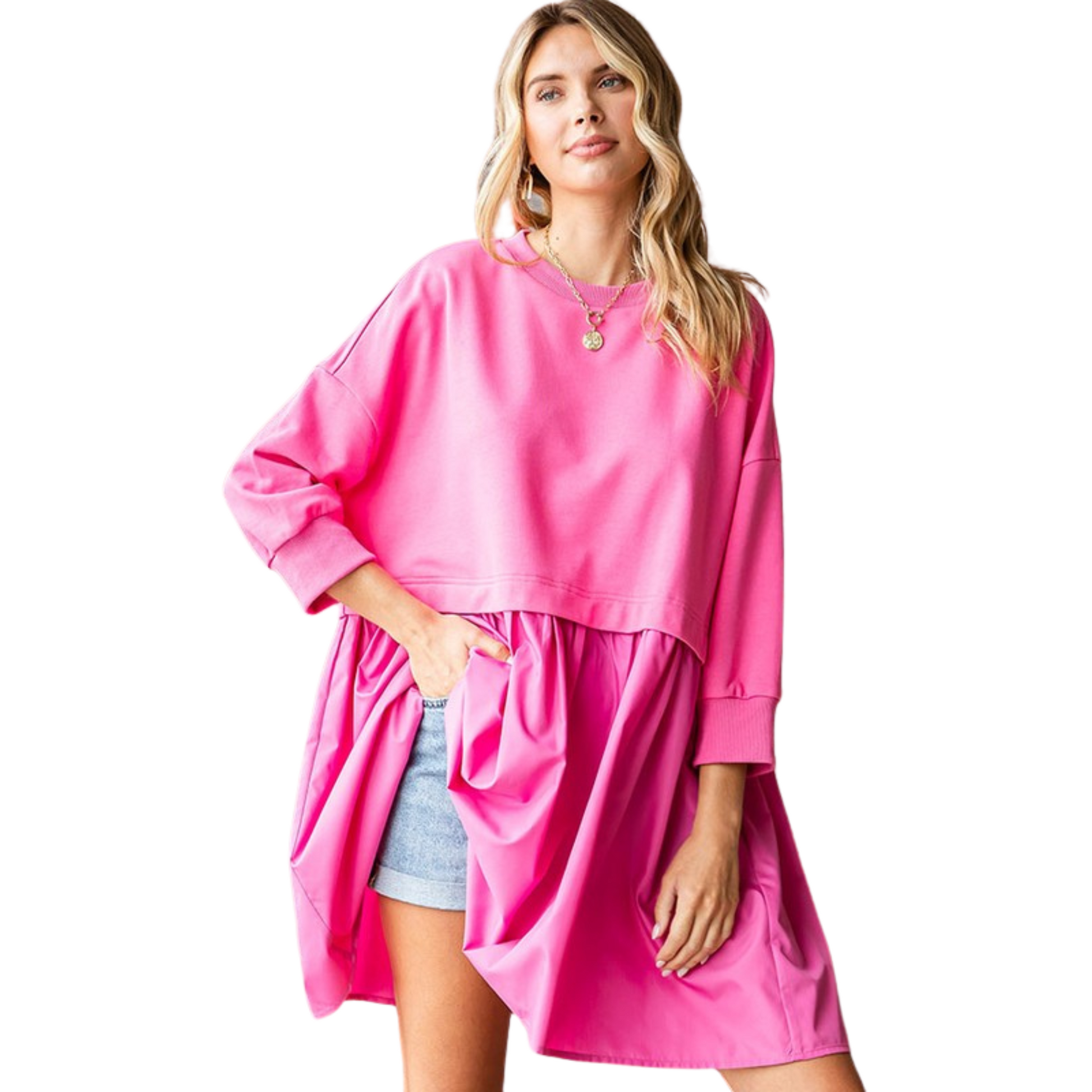 This 3/4 Sleeve Contrast Sweatshirt Dress is the perfect addition to your wardrobe. Made with a solid colored fabric, it features a crew neckline and dropped shoulder banded cuffs, providing maximum comfort and style. The contrasting shirred bottom layer adds a unique touch to this dress. Perfect for any occasion.