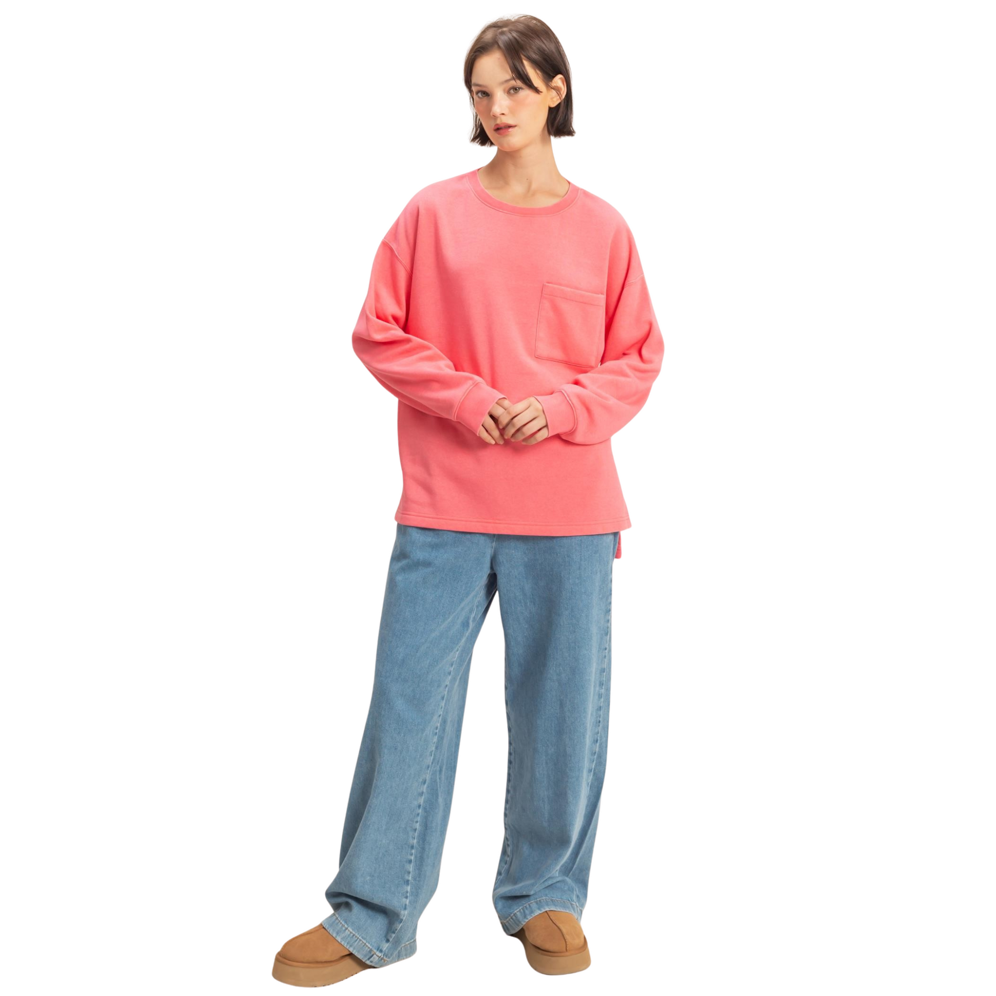 Oversized Long Sleeve Pocket Top in Taffy Pink